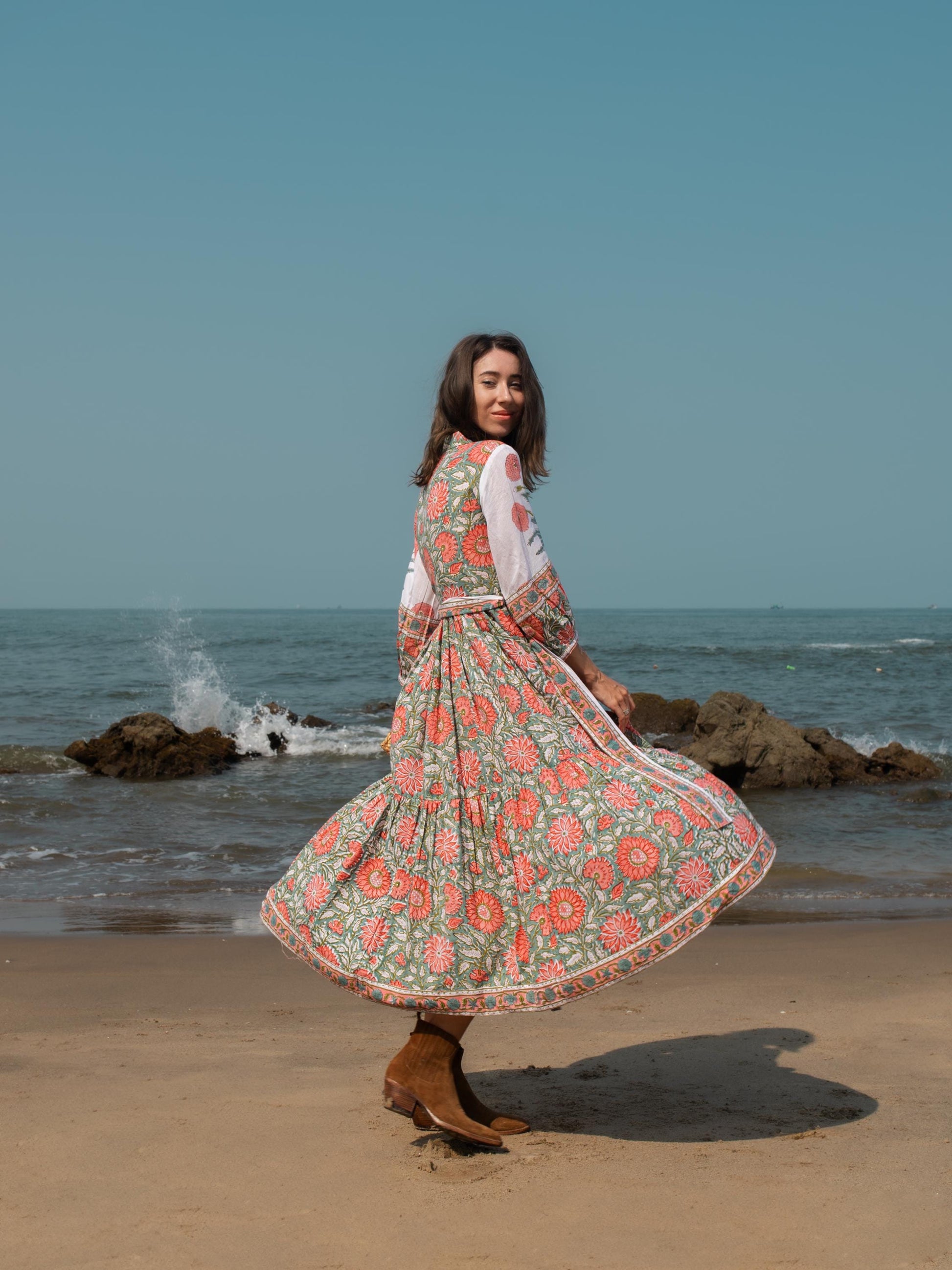 Floral Hand Block Print Maxi Dress | Boho Long Belt Cotton Dress | Summer Beach Midi Dresses | Bohemian Shirt Dress | Vacation Holiday Dress
