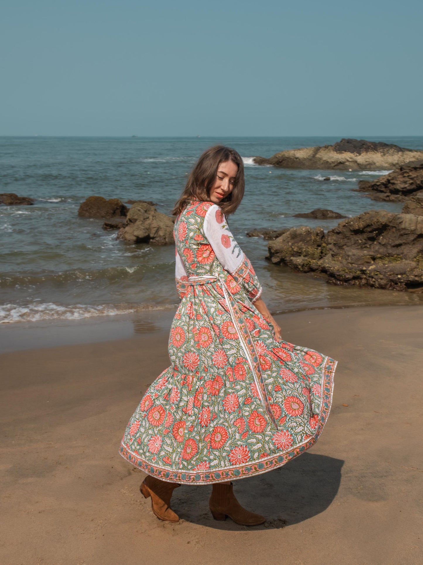 Floral Hand Block Print Maxi Dress | Boho Long Belt Cotton Dress | Summer Beach Midi Dresses | Bohemian Shirt Dress | Vacation Holiday Dress