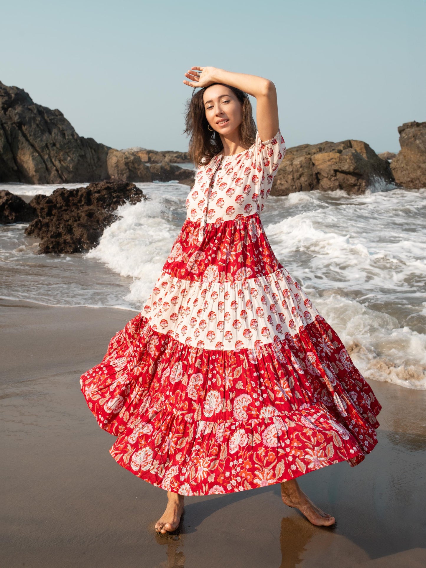 Red White Block Print dress, Casual Button Up dress, Floral Boho Beach Wedding Dress, Bohemian Long Maxi Pregnancy Maternity Button Up Dress