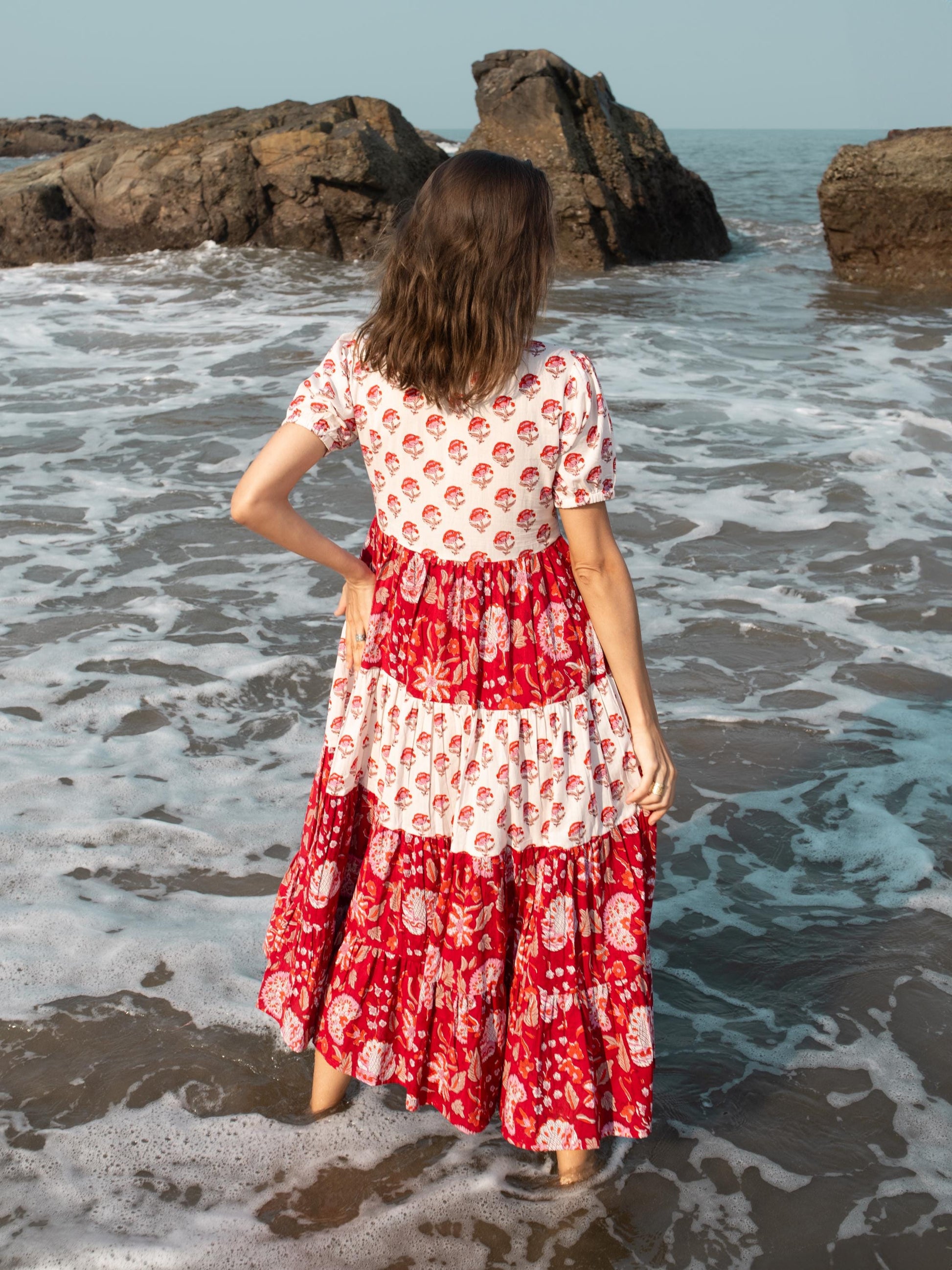 Red White Block Print dress, Casual Button Up dress, Floral Boho Beach Wedding Dress, Bohemian Long Maxi Pregnancy Maternity Button Up Dress
