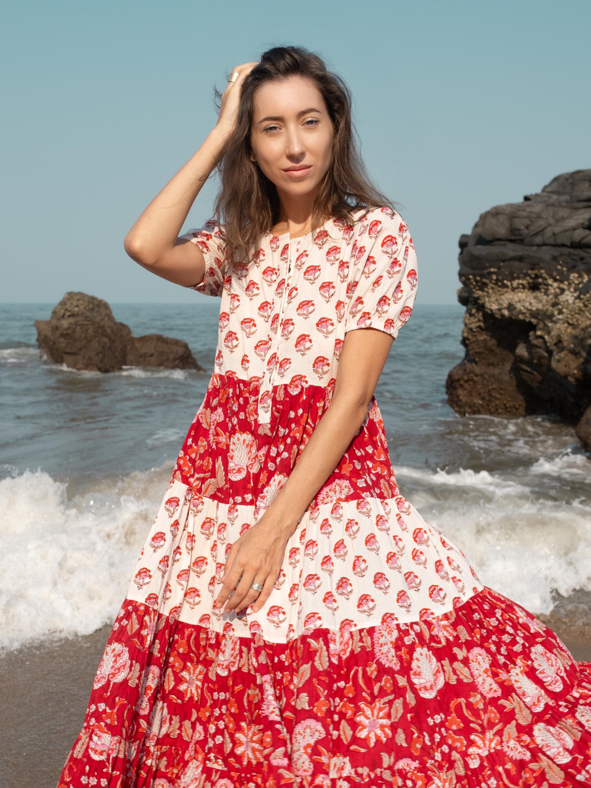 Red White Block Print dress, Casual Button Up dress, Floral Boho Beach Wedding Dress, Bohemian Long Maxi Pregnancy Maternity Button Up Dress