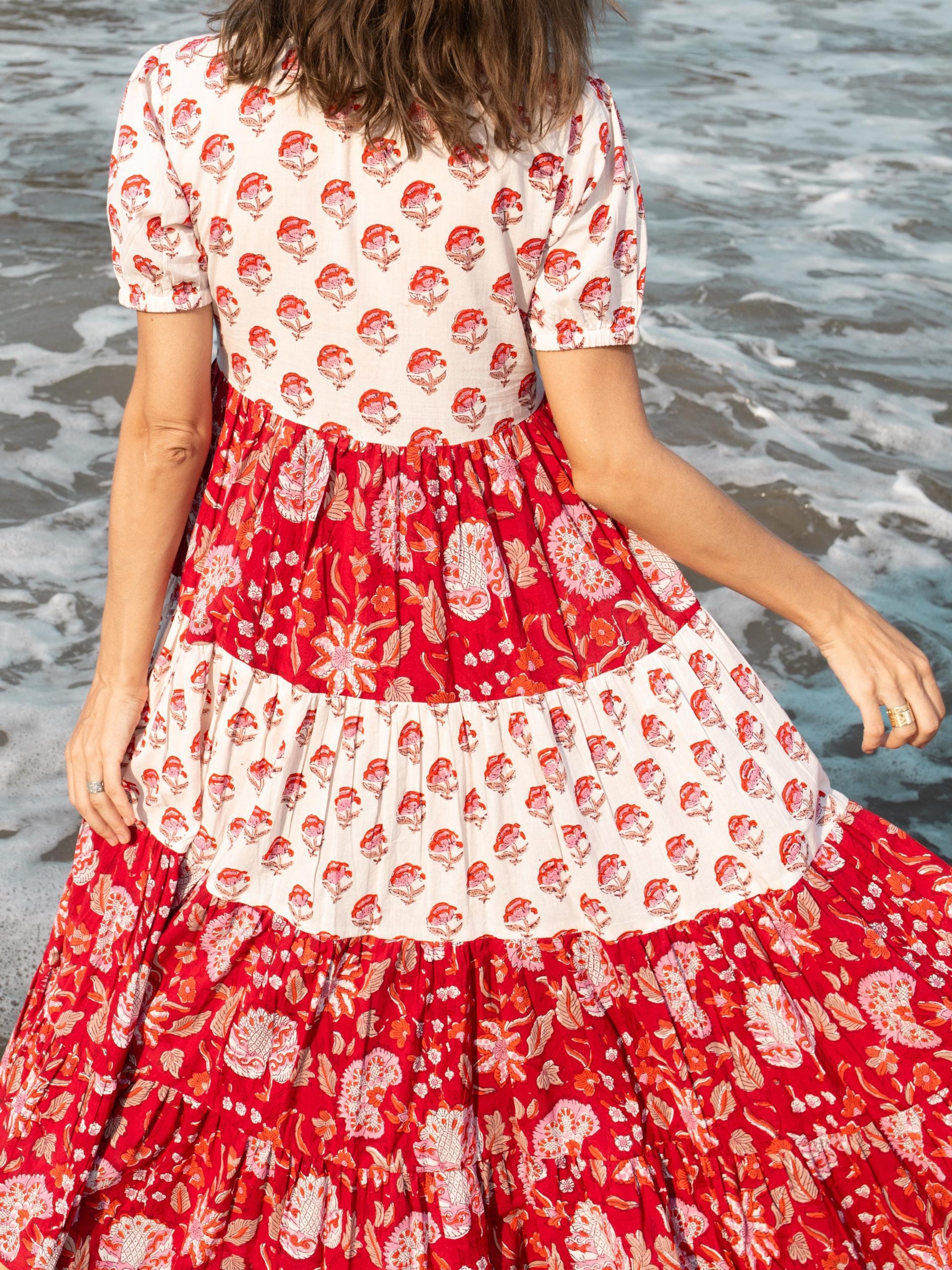 Red White Block Print dress, Casual Button Up dress, Floral Boho Beach Wedding Dress, Bohemian Long Maxi Pregnancy Maternity Button Up Dress