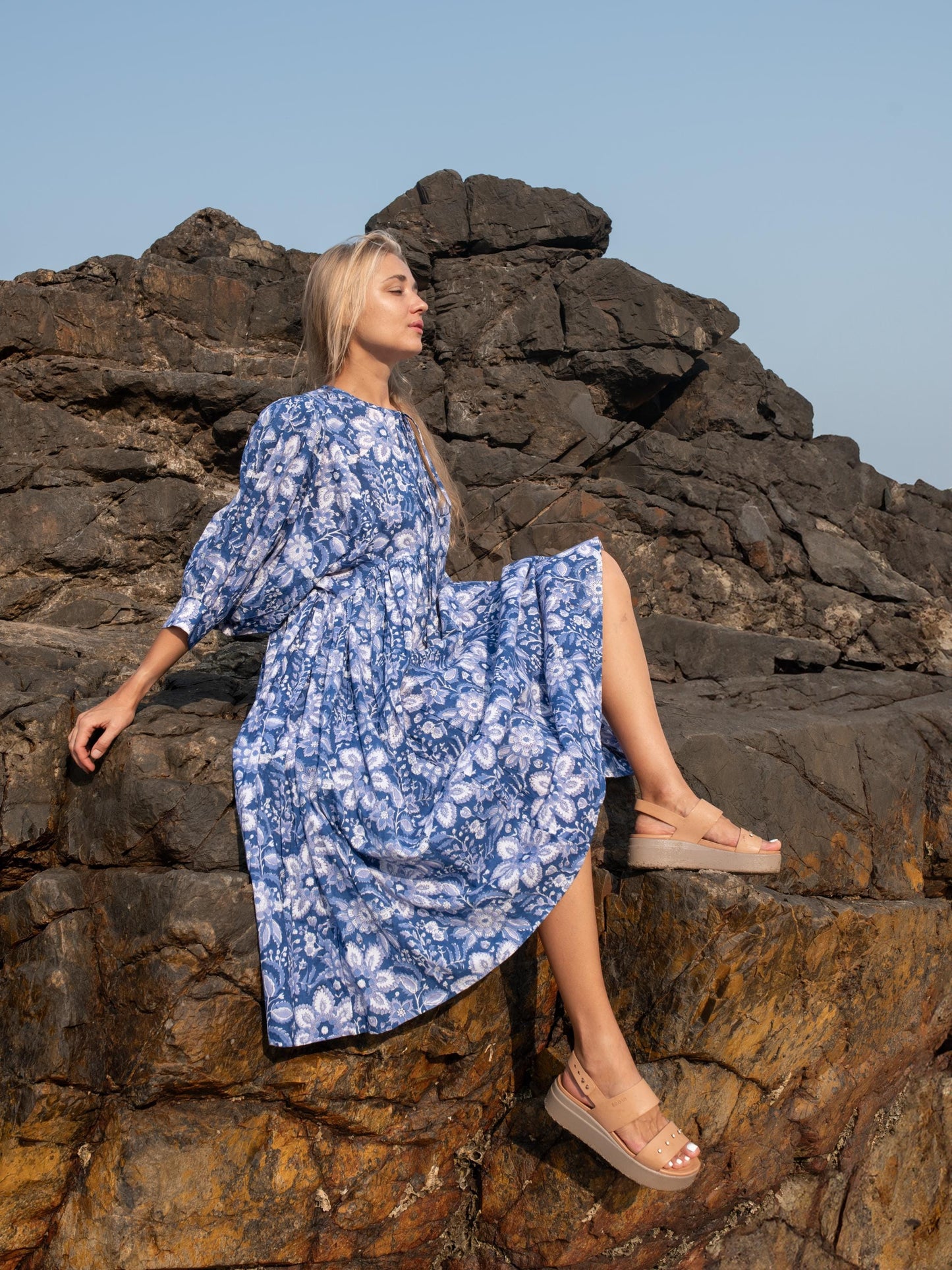 Blue Floral Hand Block Print Kyra Maxi Dress | Bohemian Cotton Dress | Summer Dresses for Women | Puff Sleeves Custom Comfy Dress Plus Size