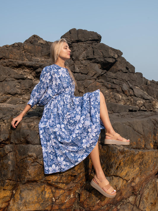 Blue Floral Hand Block Print Kyra Maxi Dress | Bohemian Cotton Dress | Summer Dresses for Women | Puff Sleeves Custom Comfy Dress Plus Size