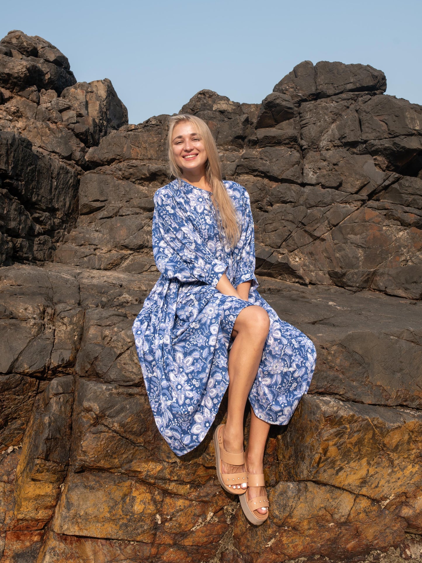 Blue Floral Hand Block Print Kyra Maxi Dress | Bohemian Cotton Dress | Summer Dresses for Women | Puff Sleeves Custom Comfy Dress Plus Size