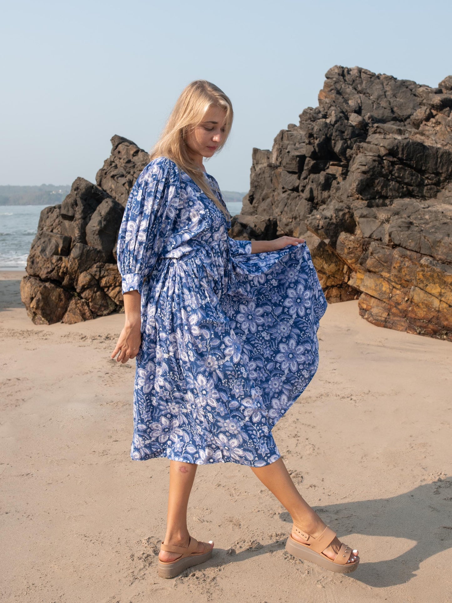 Blue Floral Hand Block Print Kyra Maxi Dress | Bohemian Cotton Dress | Summer Dresses for Women | Puff Sleeves Custom Comfy Dress Plus Size