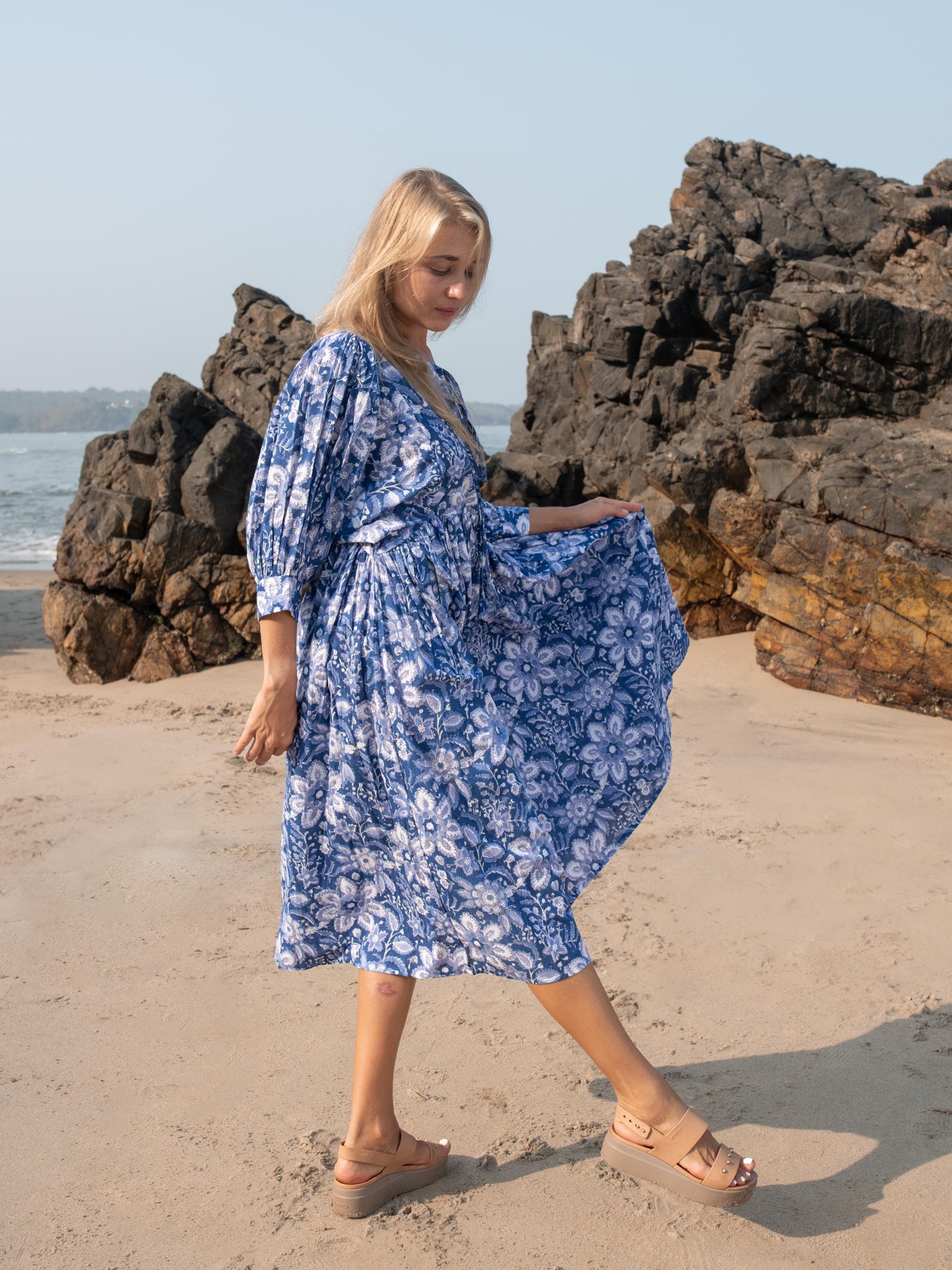 Blue Floral Hand Block Print Kyra Maxi Dress | Bohemian Cotton Dress | Summer Dresses for Women | Puff Sleeves Custom Comfy Dress Plus Size