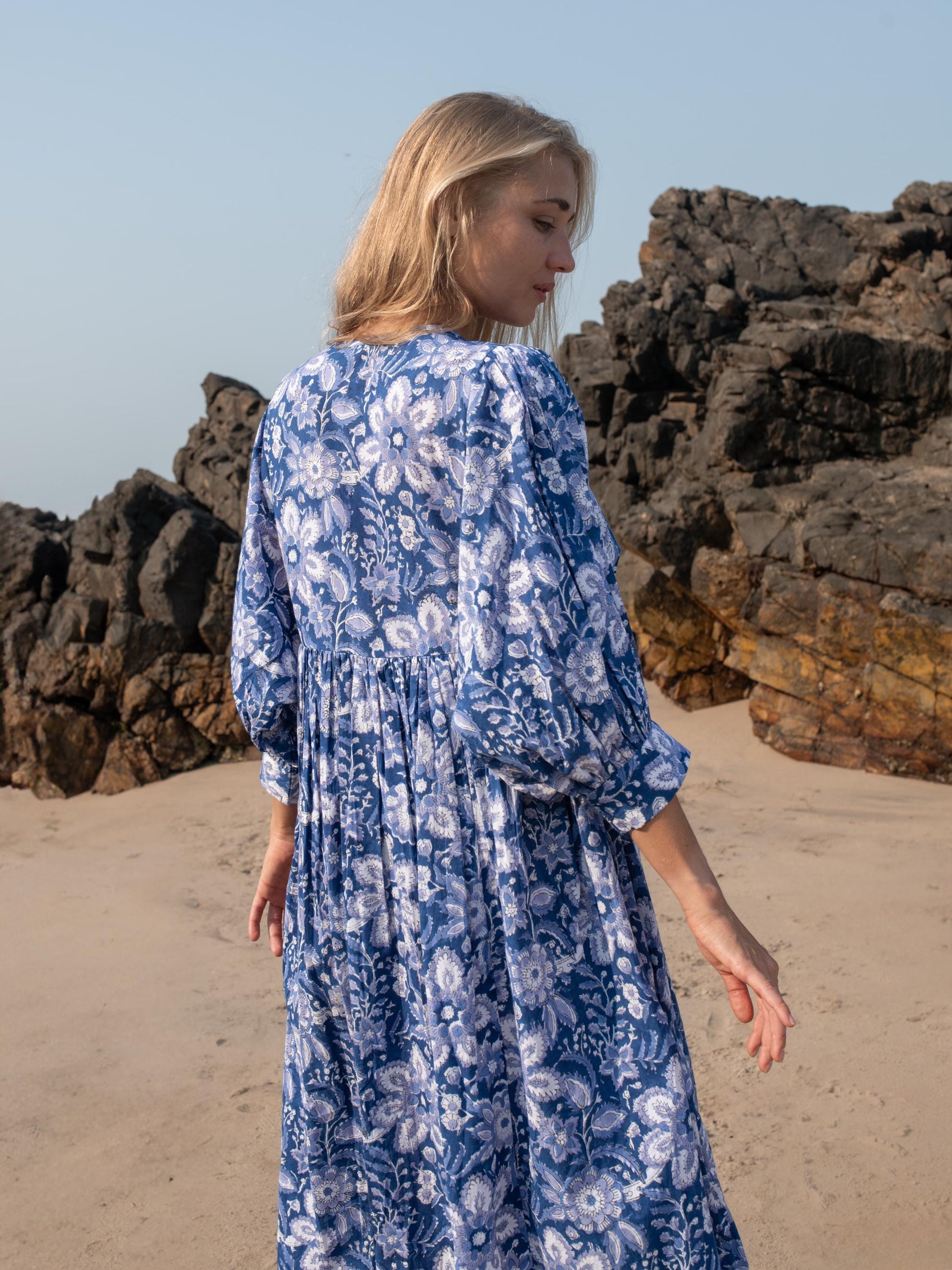 Blue Floral Hand Block Print Kyra Maxi Dress | Bohemian Cotton Dress | Summer Dresses for Women | Puff Sleeves Custom Comfy Dress Plus Size