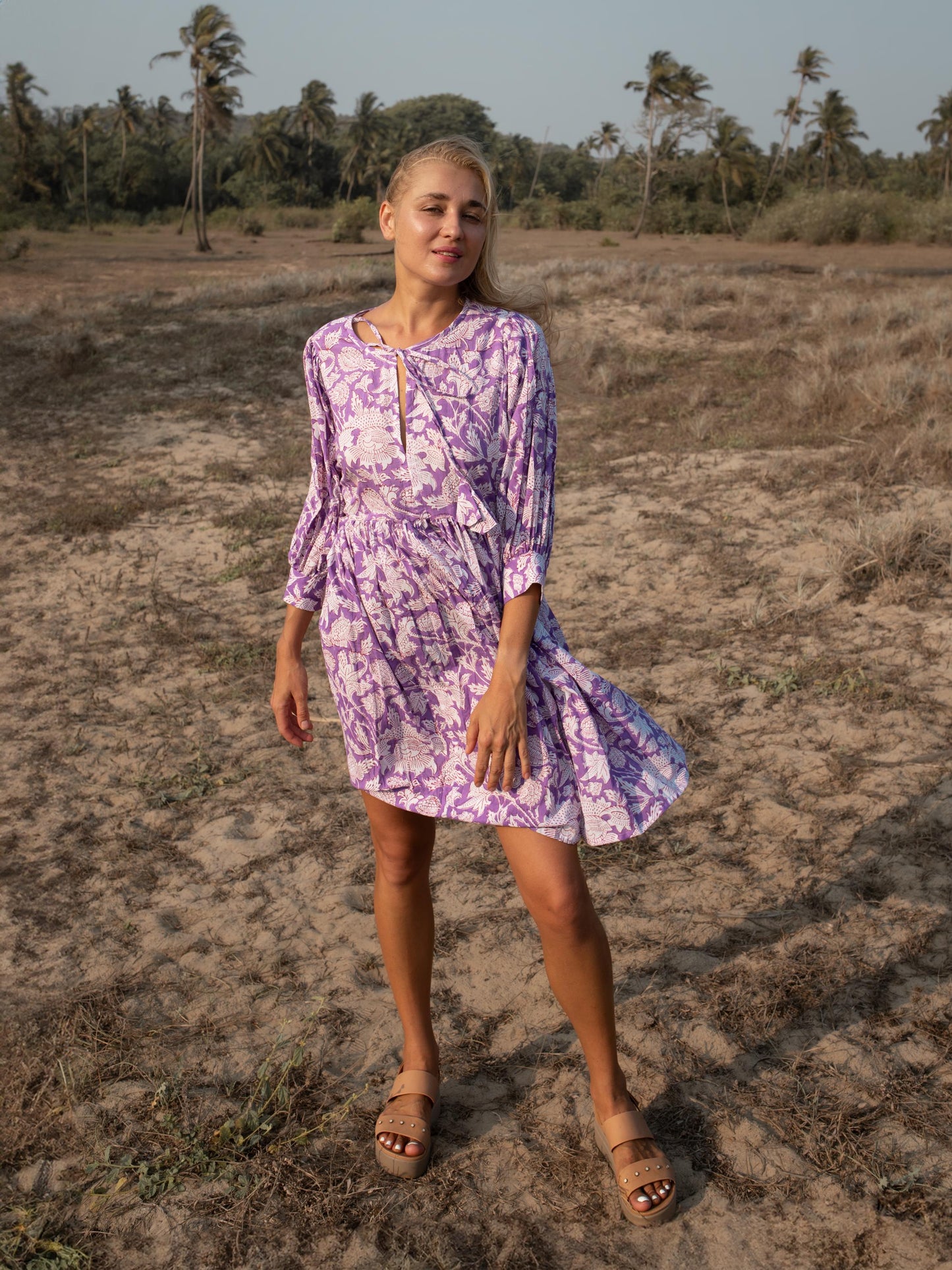 Purple Floral Hand Block Print Mini Dress | Boho Short Cotton Dress | Summer Beach Dresses | Indian Print Custom Resort Romance Dress