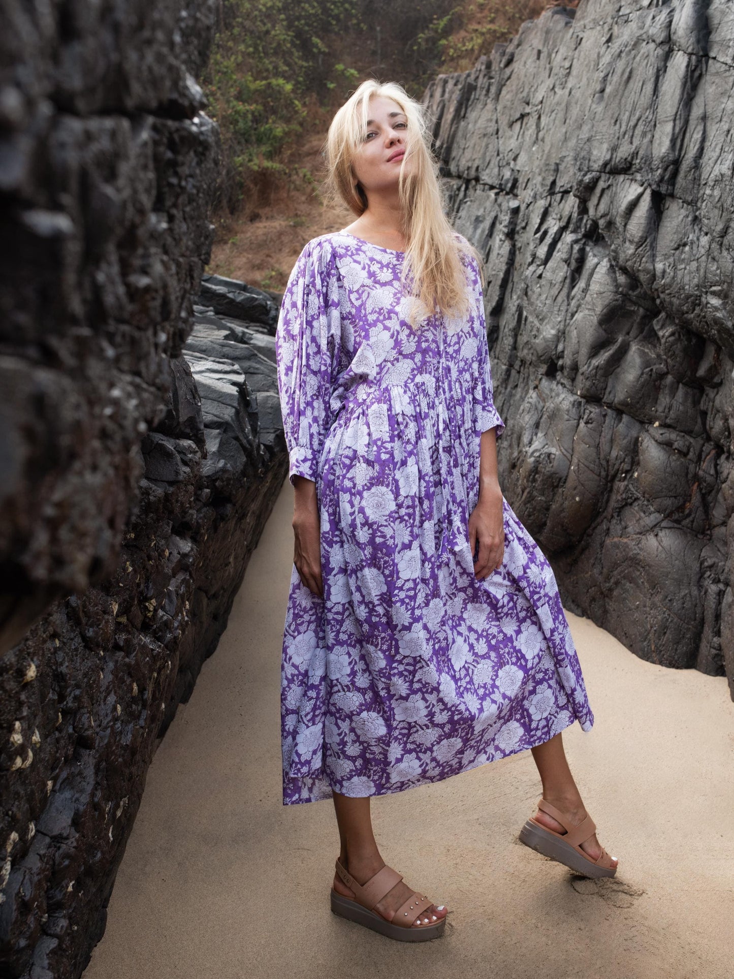 Purple Lilac Floral Hand Block Print Kyra Maxi Dress | Bohemian Cotton Dress | Summer Dresses for Women | String Closer Custom Boho Dress