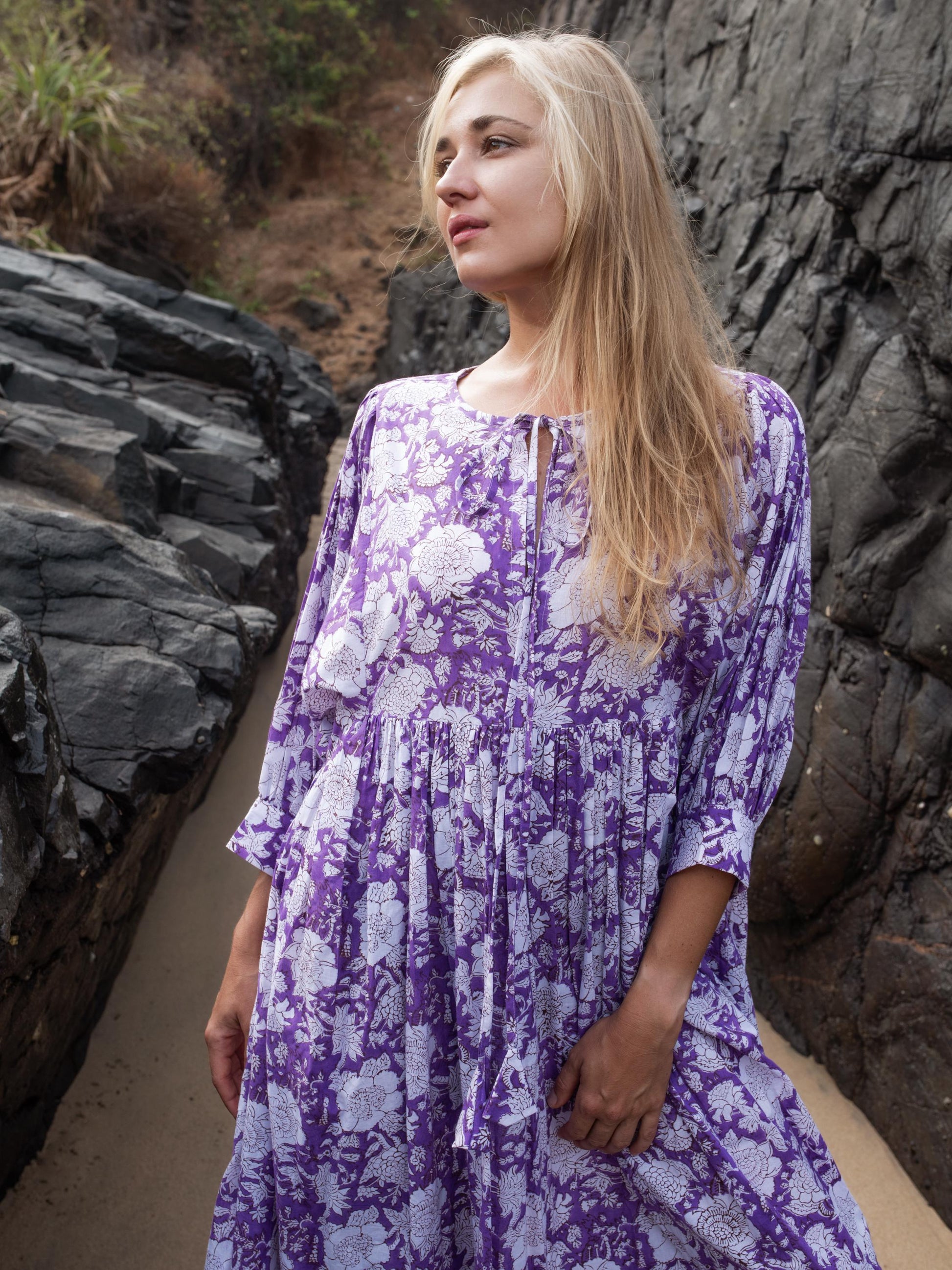 Purple Lilac Floral Hand Block Print Kyra Maxi Dress | Bohemian Cotton Dress | Summer Dresses for Women | String Closer Custom Boho Dress