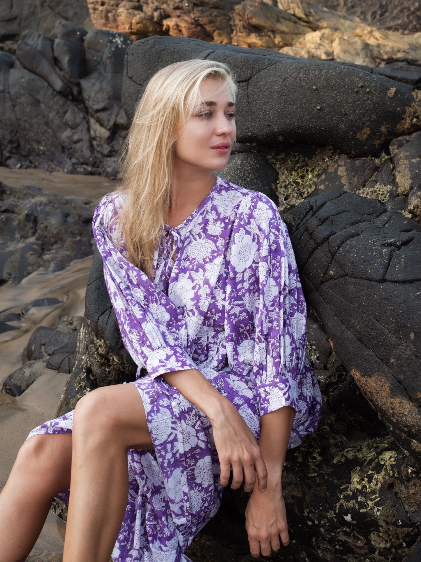 Purple Lilac Floral Hand Block Print Kyra Maxi Dress | Bohemian Cotton Dress | Summer Dresses for Women | String Closer Custom Boho Dress