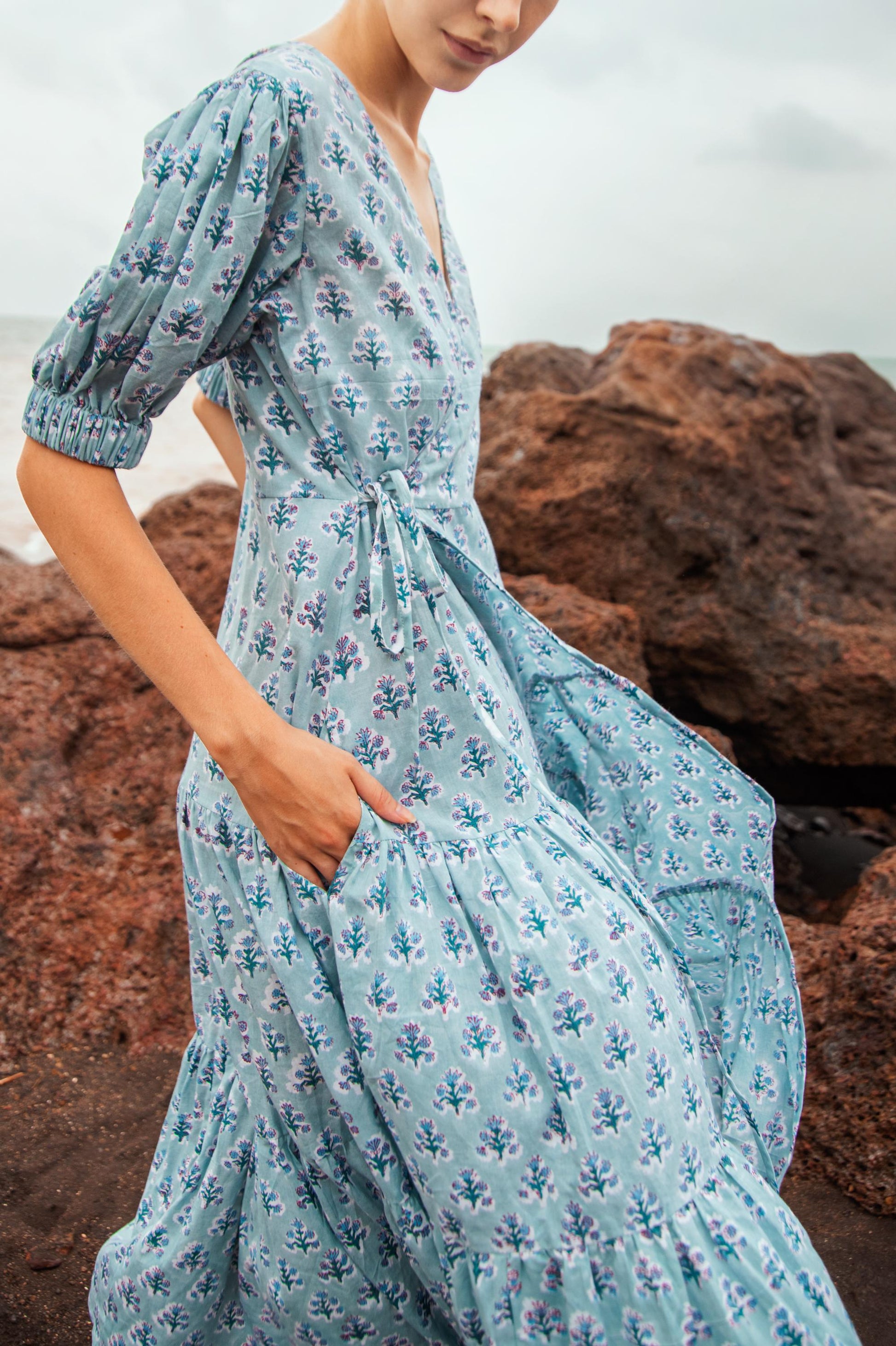 Cotton Long Maxi Warp Dress, Indian Blue Block Print Dress, Tiered Cotton Custom Robe Dress, Boho Puff Sleeve Dress, Honeymoon Wedding Dress