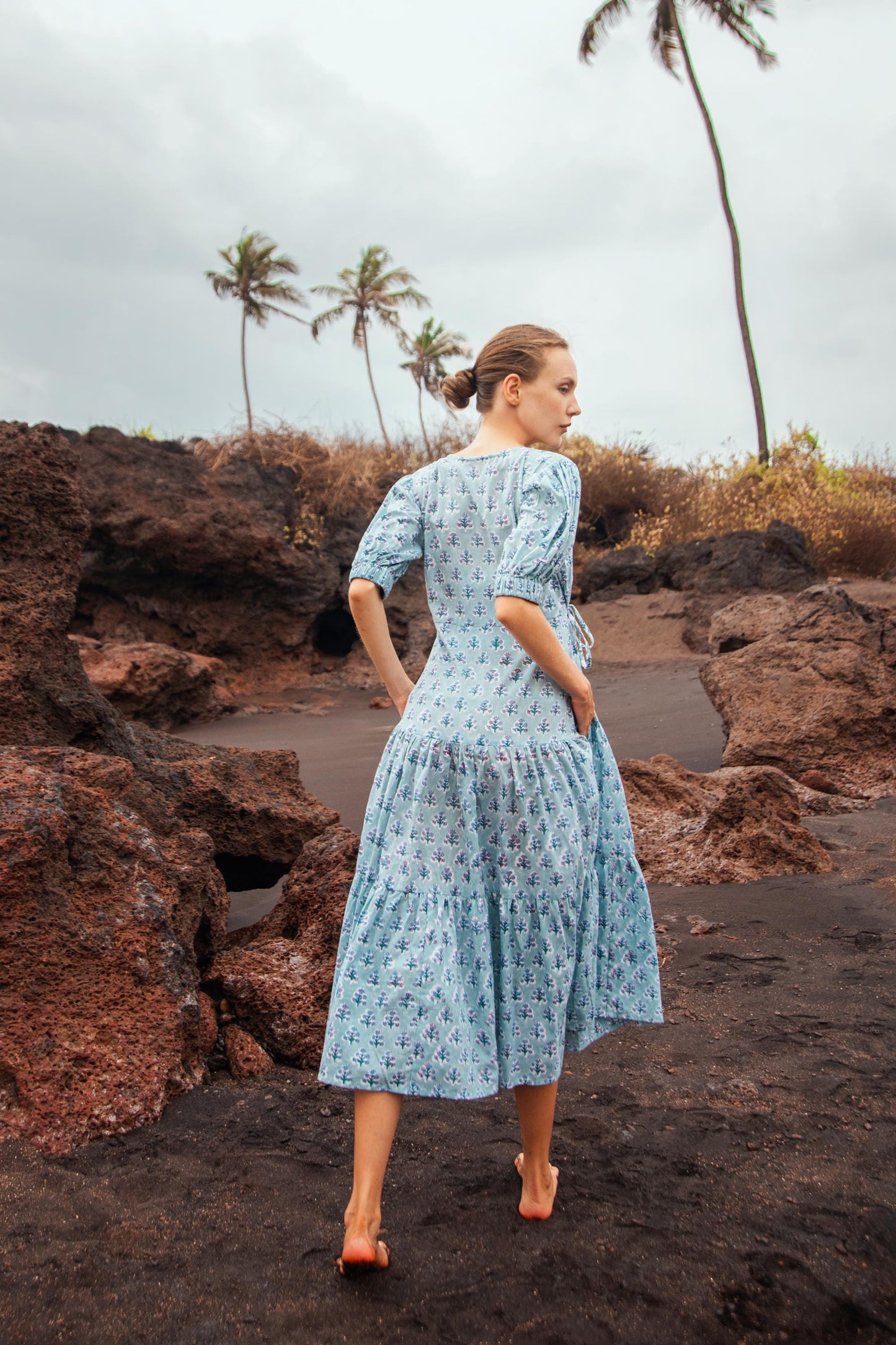 Cotton Long Maxi Warp Dress, Indian Blue Block Print Dress, Tiered Cotton Custom Robe Dress, Boho Puff Sleeve Dress, Honeymoon Wedding Dress