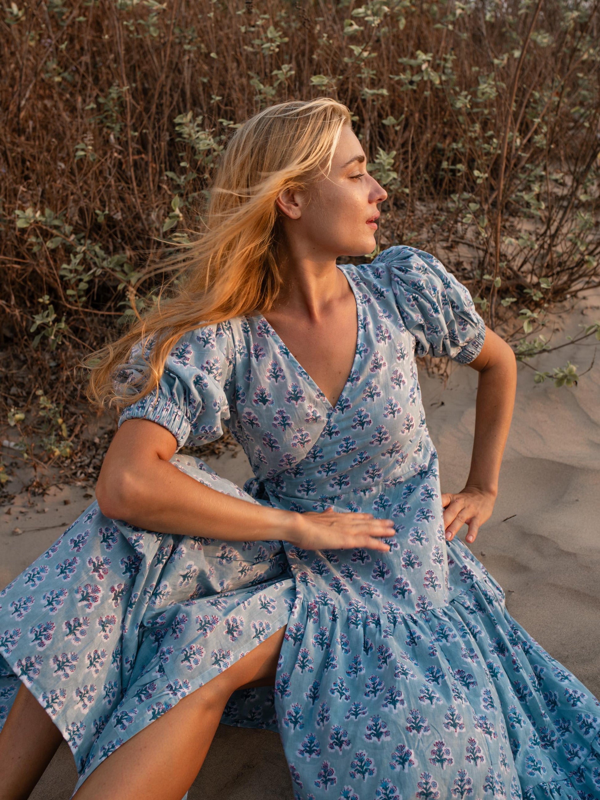 Cotton Long Maxi Warp Dress, Indian Blue Block Print Dress, Tiered Cotton Custom Robe Dress, Boho Puff Sleeve Dress, Honeymoon Wedding Dress