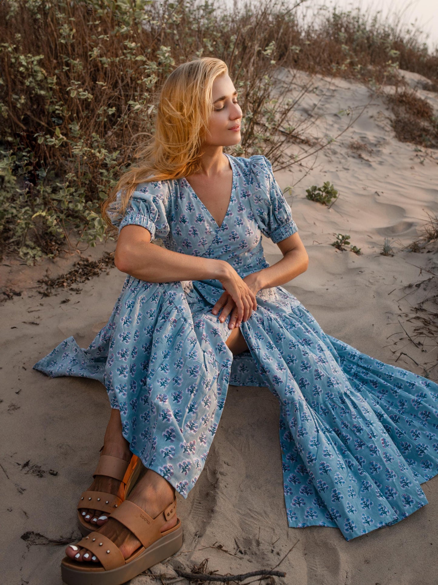 Cotton Long Maxi Warp Dress, Indian Blue Block Print Dress, Tiered Cotton Custom Robe Dress, Boho Puff Sleeve Dress, Honeymoon Wedding Dress