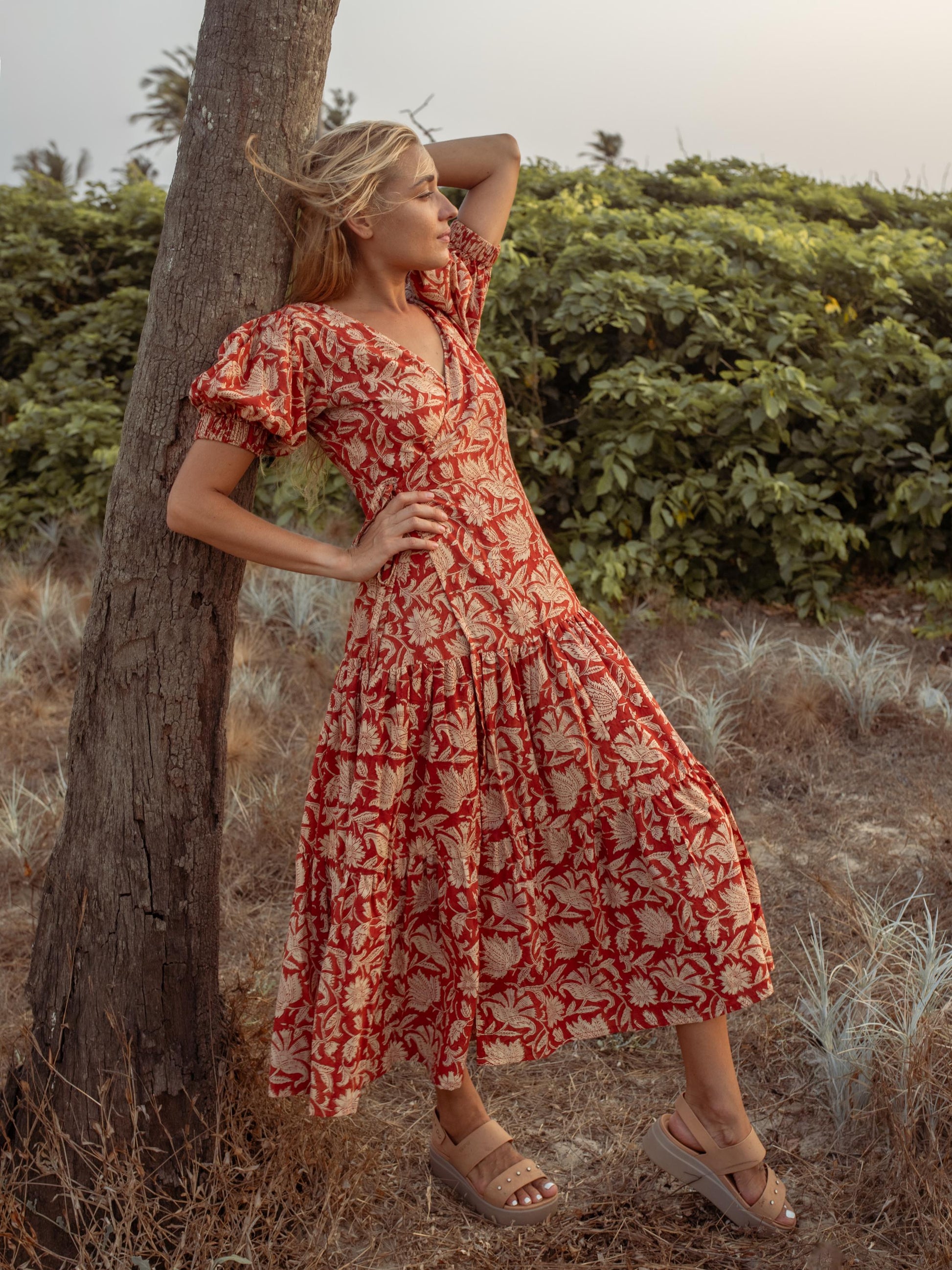 Earthy Red Hand Block Print Warp Dress, Long Maxi Dress, Summer Tiered Cotton Custom Dress, Boho Gypsy Midi Dress, Honeymoon Wedding Dress