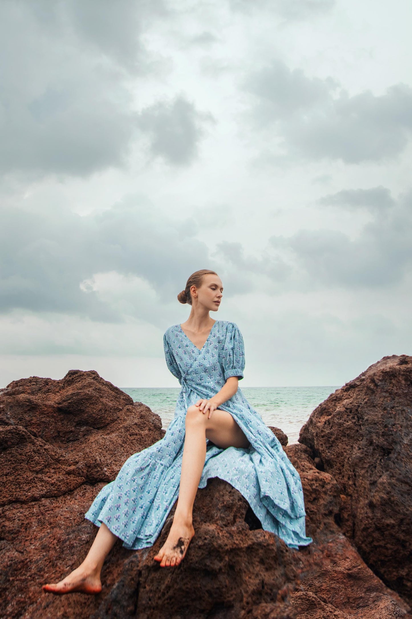 Cotton Long Maxi Warp Dress, Indian Blue Block Print Dress, Tiered Cotton Custom Robe Dress, Boho Puff Sleeve Dress, Honeymoon Wedding Dress