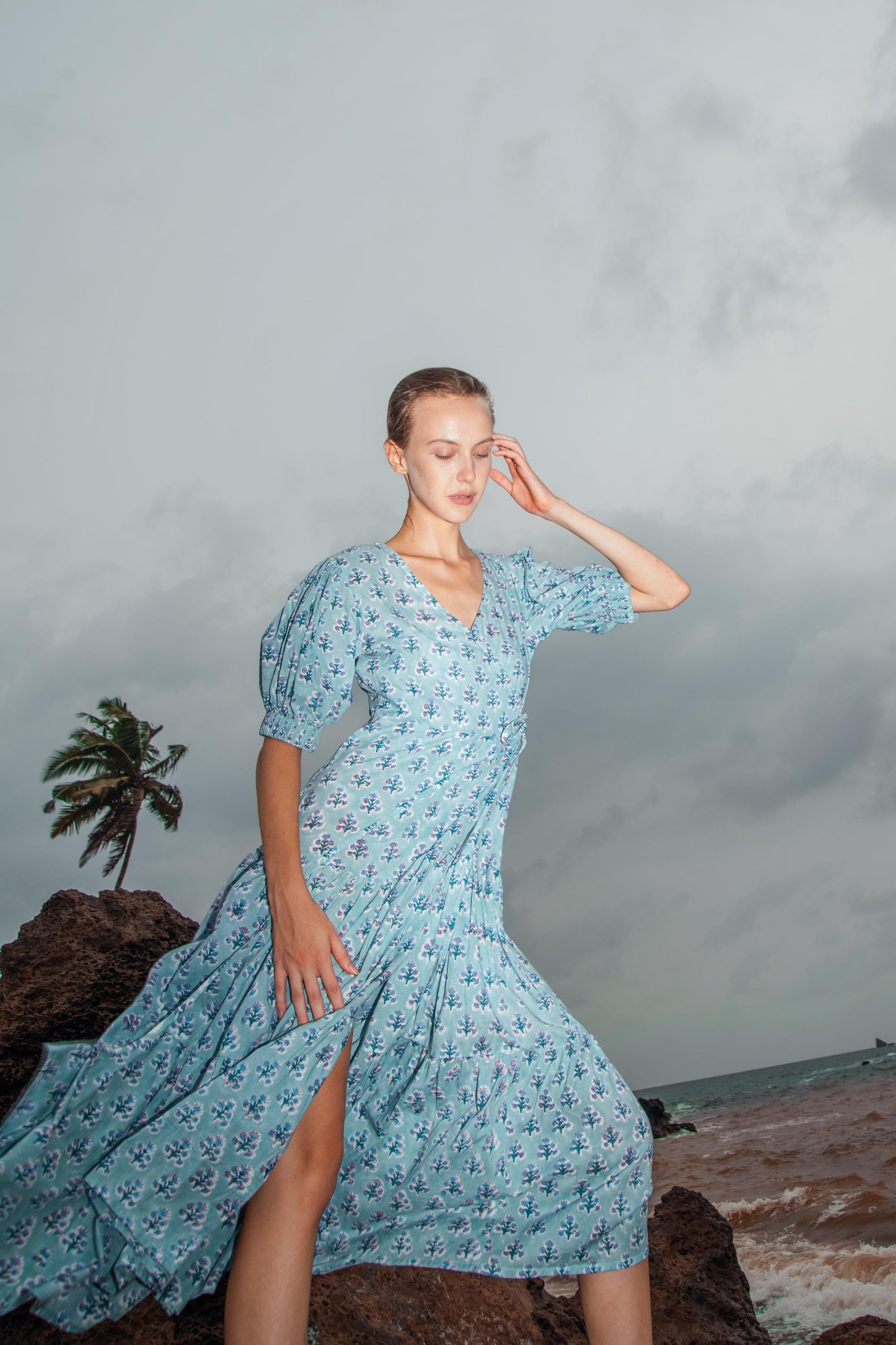 Cotton Long Maxi Warp Dress, Indian Blue Block Print Dress, Tiered Cotton Custom Robe Dress, Boho Puff Sleeve Dress, Honeymoon Wedding Dress