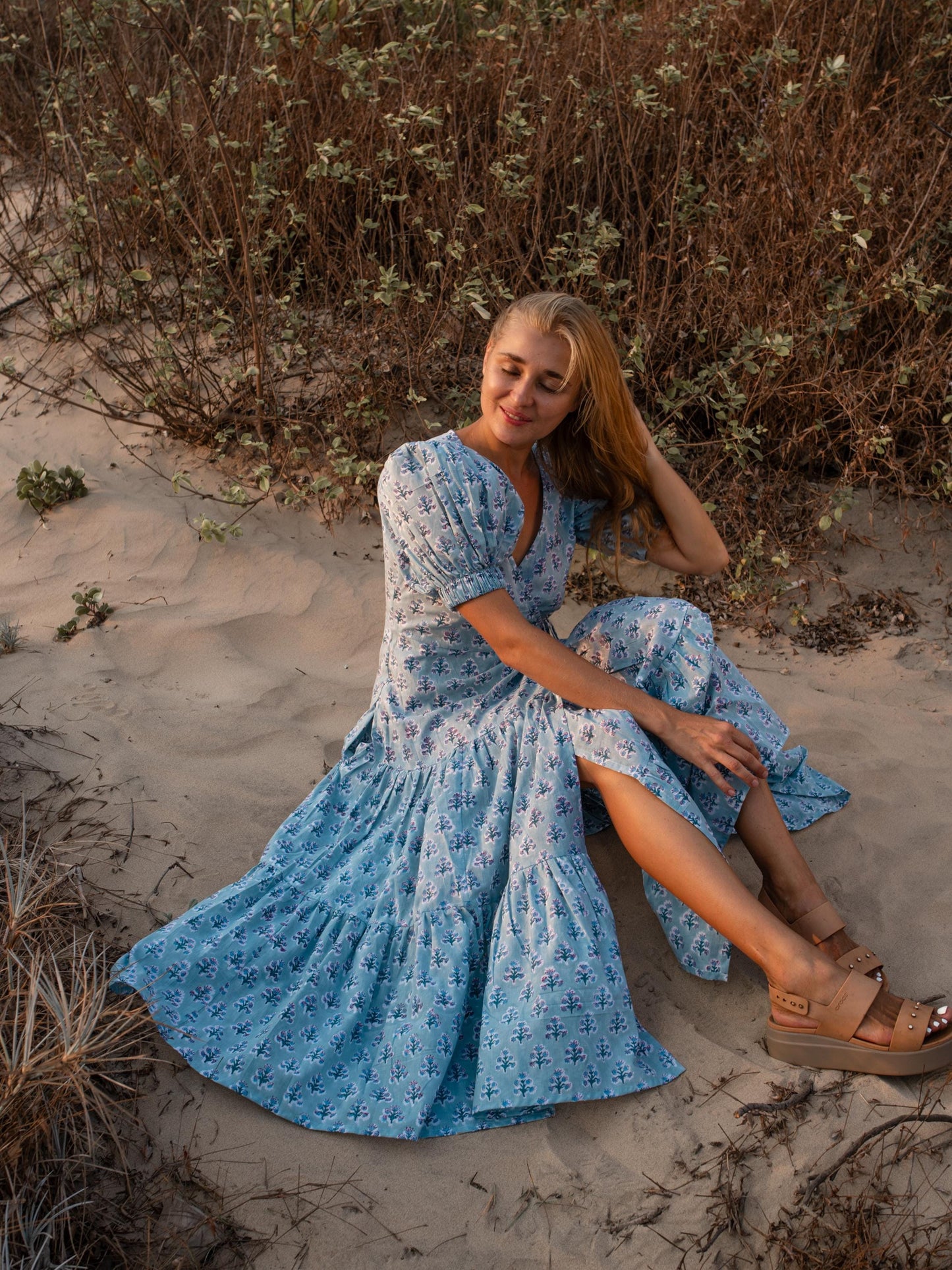 Cotton Long Maxi Warp Dress, Indian Blue Block Print Dress, Tiered Cotton Custom Robe Dress, Boho Puff Sleeve Dress, Honeymoon Wedding Dress