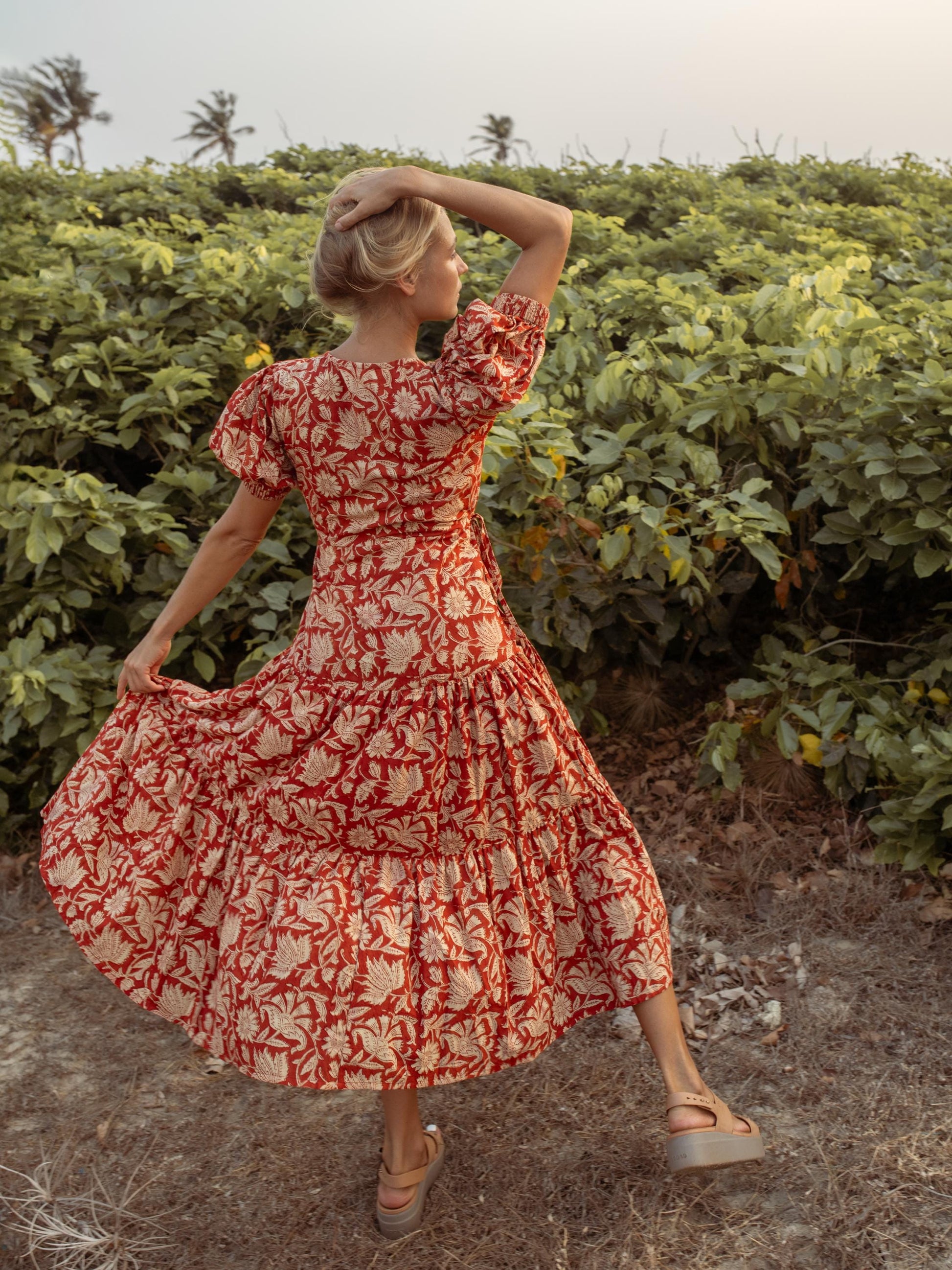 Earthy Red Hand Block Print Warp Dress, Long Maxi Dress, Summer Tiered Cotton Custom Dress, Boho Gypsy Midi Dress, Honeymoon Wedding Dress