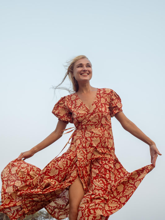 Earthy Red Hand Block Print Warp Dress, Long Maxi Dress, Summer Tiered Cotton Custom Dress, Boho Gypsy Midi Dress, Honeymoon Wedding Dress
