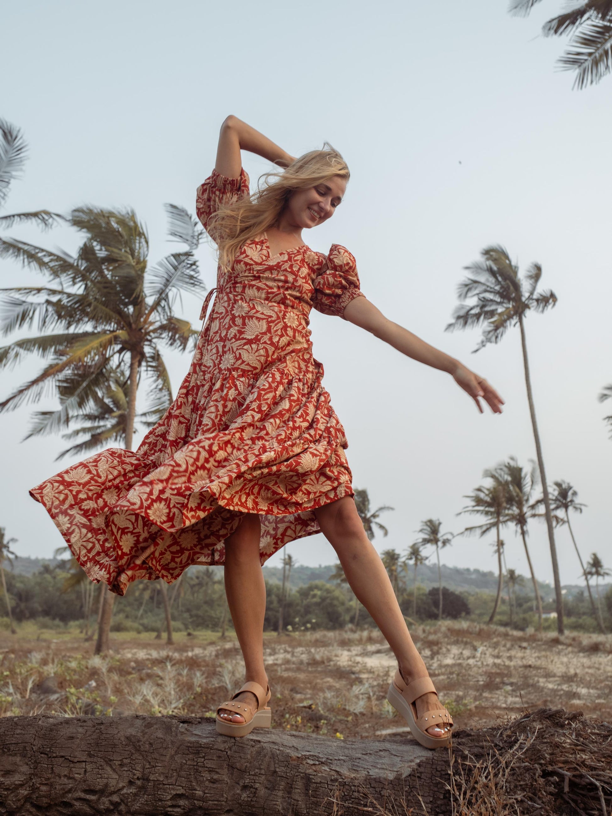 Earthy Red Hand Block Print Warp Dress, Long Maxi Dress, Summer Tiered Cotton Custom Dress, Boho Gypsy Midi Dress, Honeymoon Wedding Dress