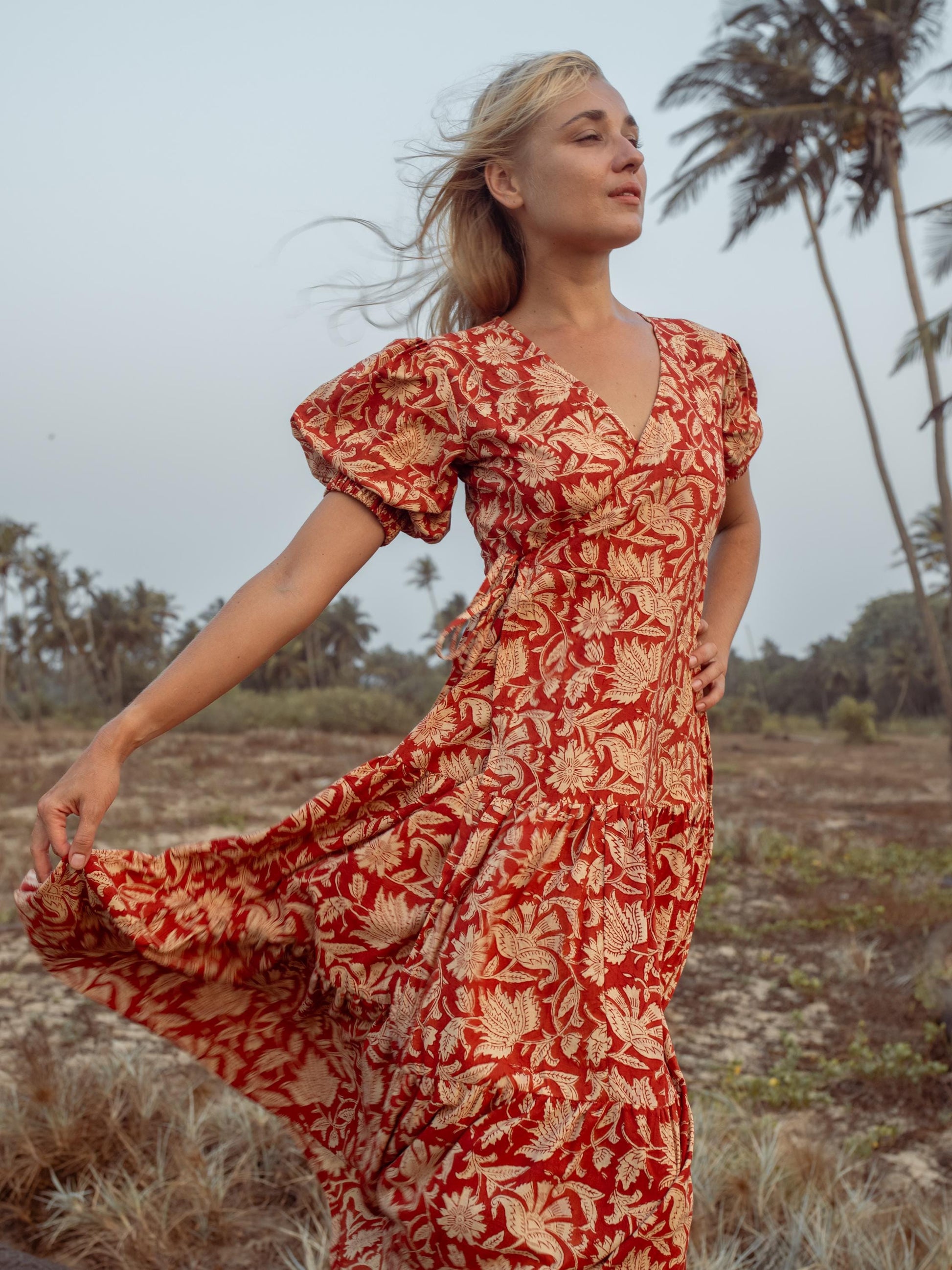 Earthy Red Hand Block Print Warp Dress, Long Maxi Dress, Summer Tiered Cotton Custom Dress, Boho Gypsy Midi Dress, Honeymoon Wedding Dress