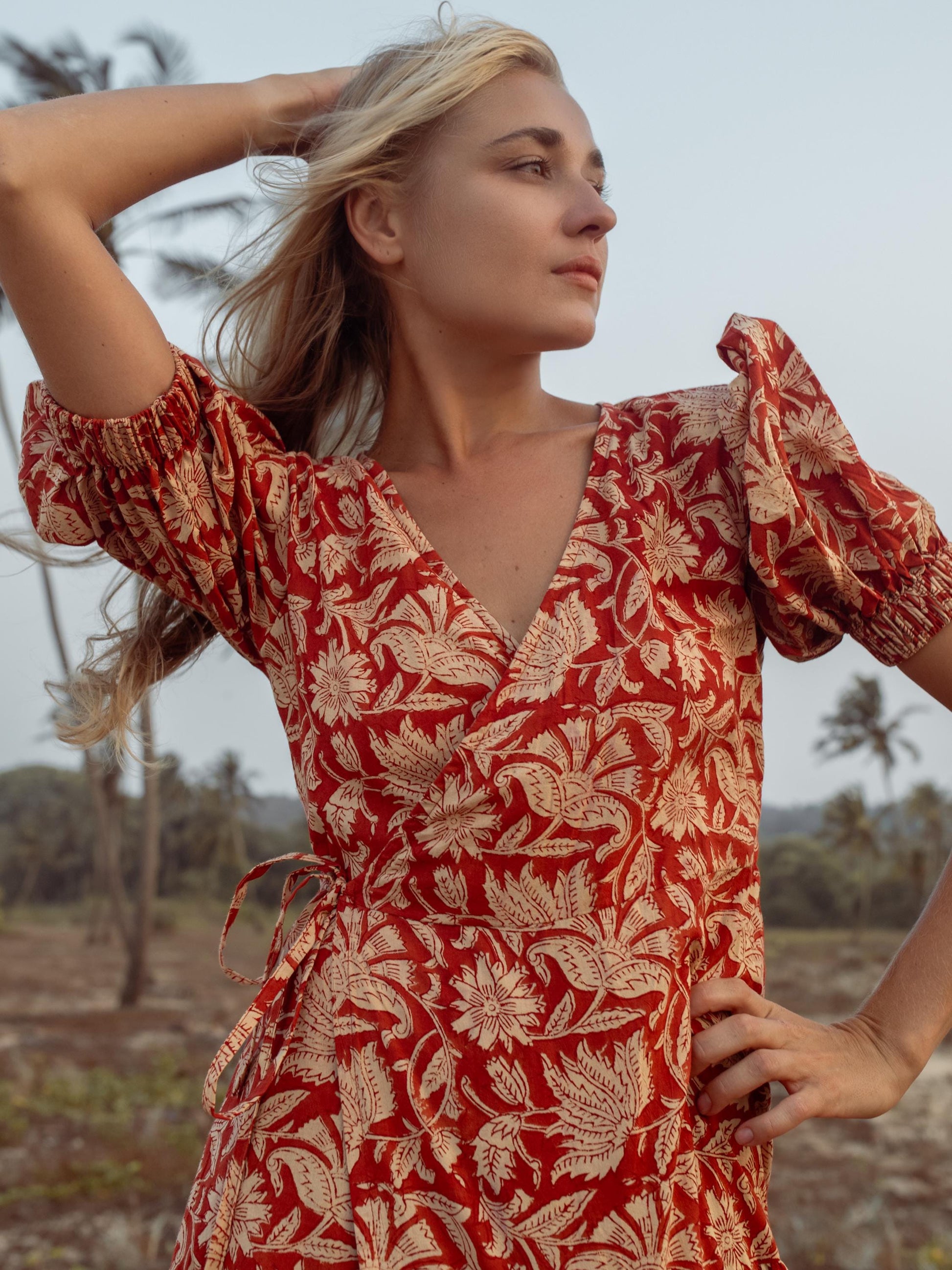 Earthy Red Hand Block Print Warp Dress, Long Maxi Dress, Summer Tiered Cotton Custom Dress, Boho Gypsy Midi Dress, Honeymoon Wedding Dress