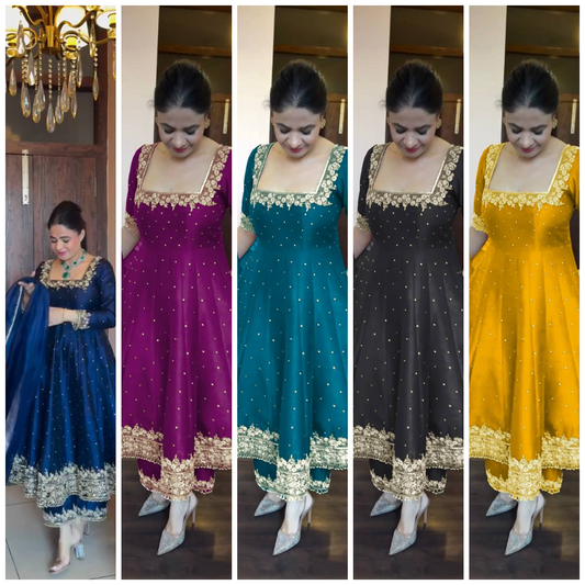 "Luxury Anarkali Gown Set with Vichitra Silk, Embroidered Sequence, Plazzo, and Designer Dupatta"