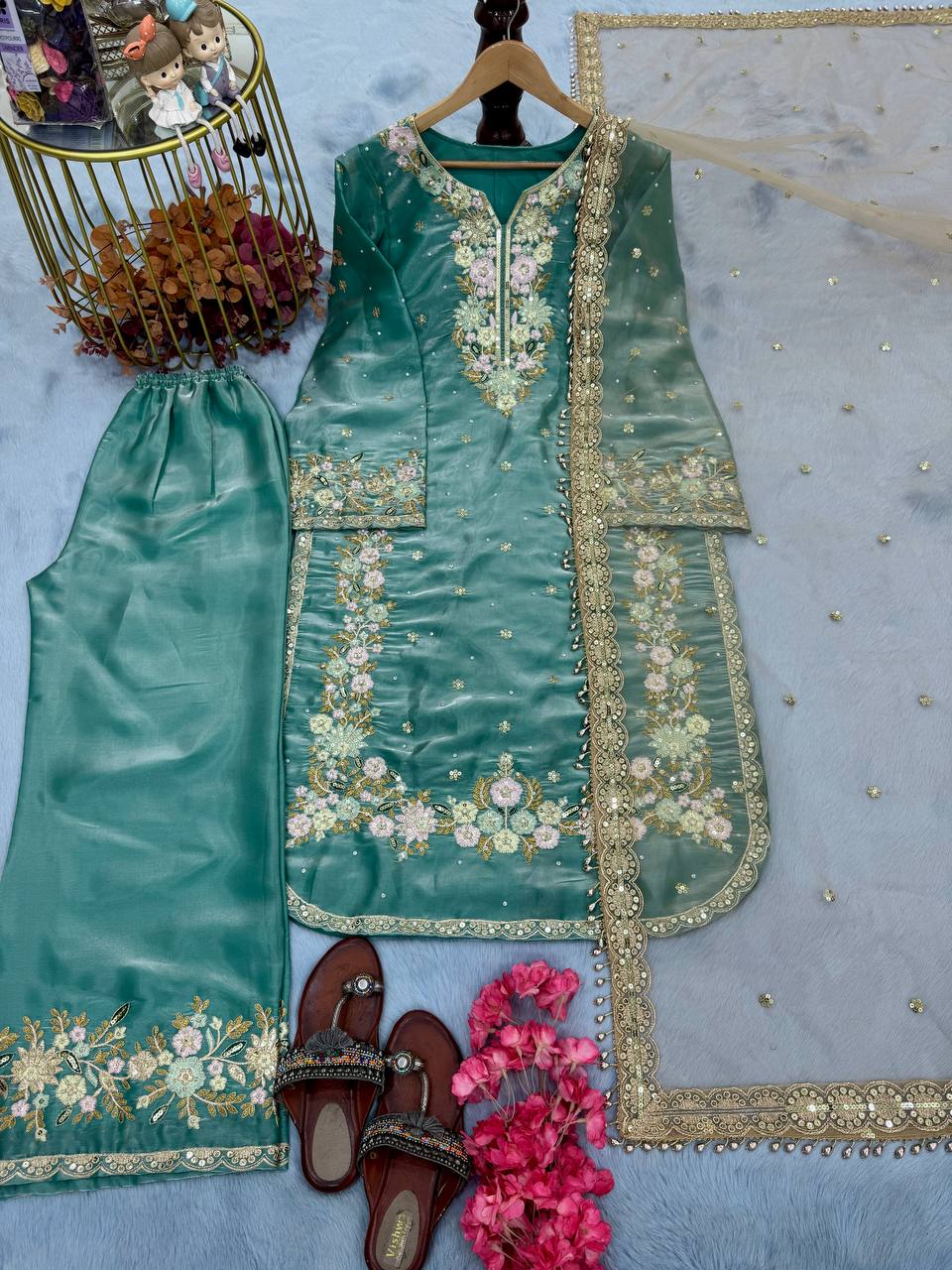 "Elegant Chinon Silk Kurti-Plazzo Set with Sequins & Zari Embroidery"