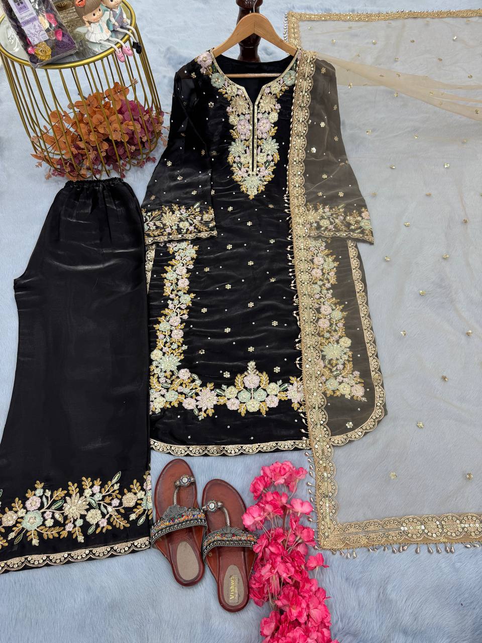 "Elegant Chinon Silk Kurti-Plazzo Set with Sequins & Zari Embroidery"