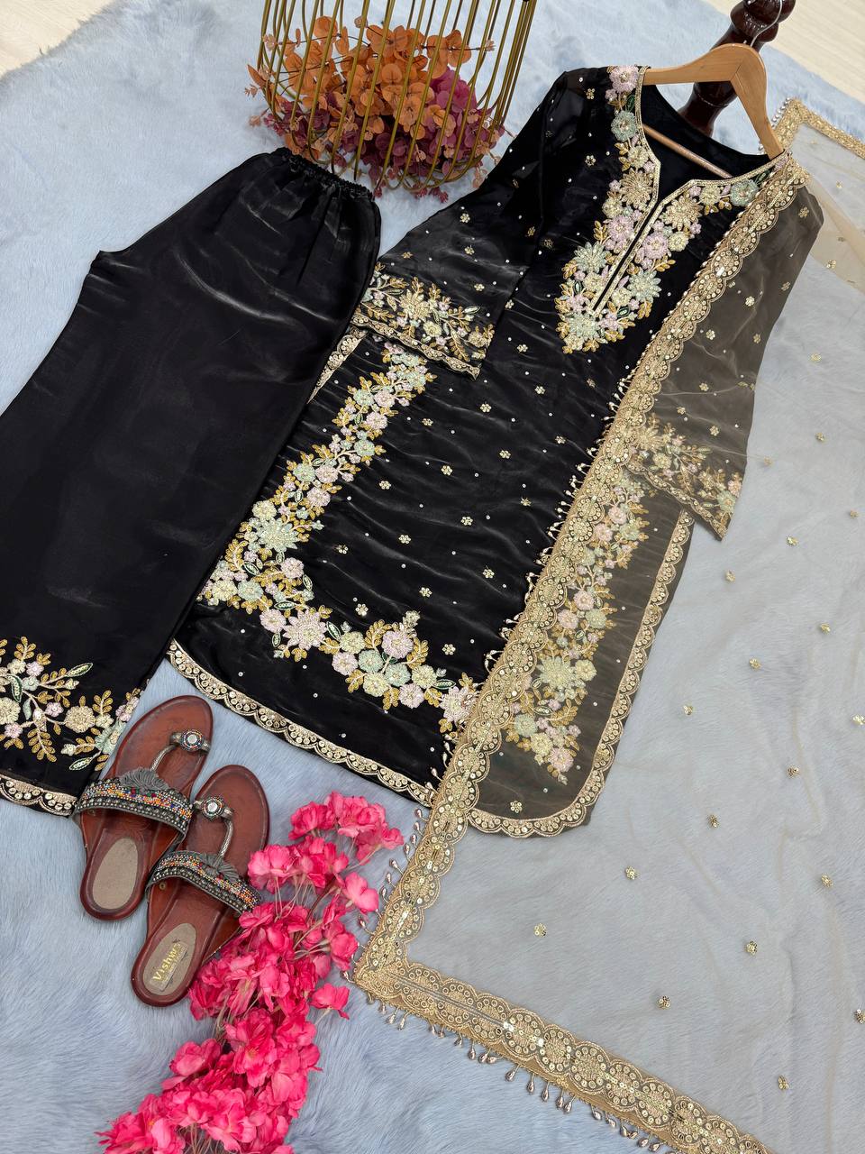 "Elegant Chinon Silk Kurti-Plazzo Set with Sequins & Zari Embroidery"