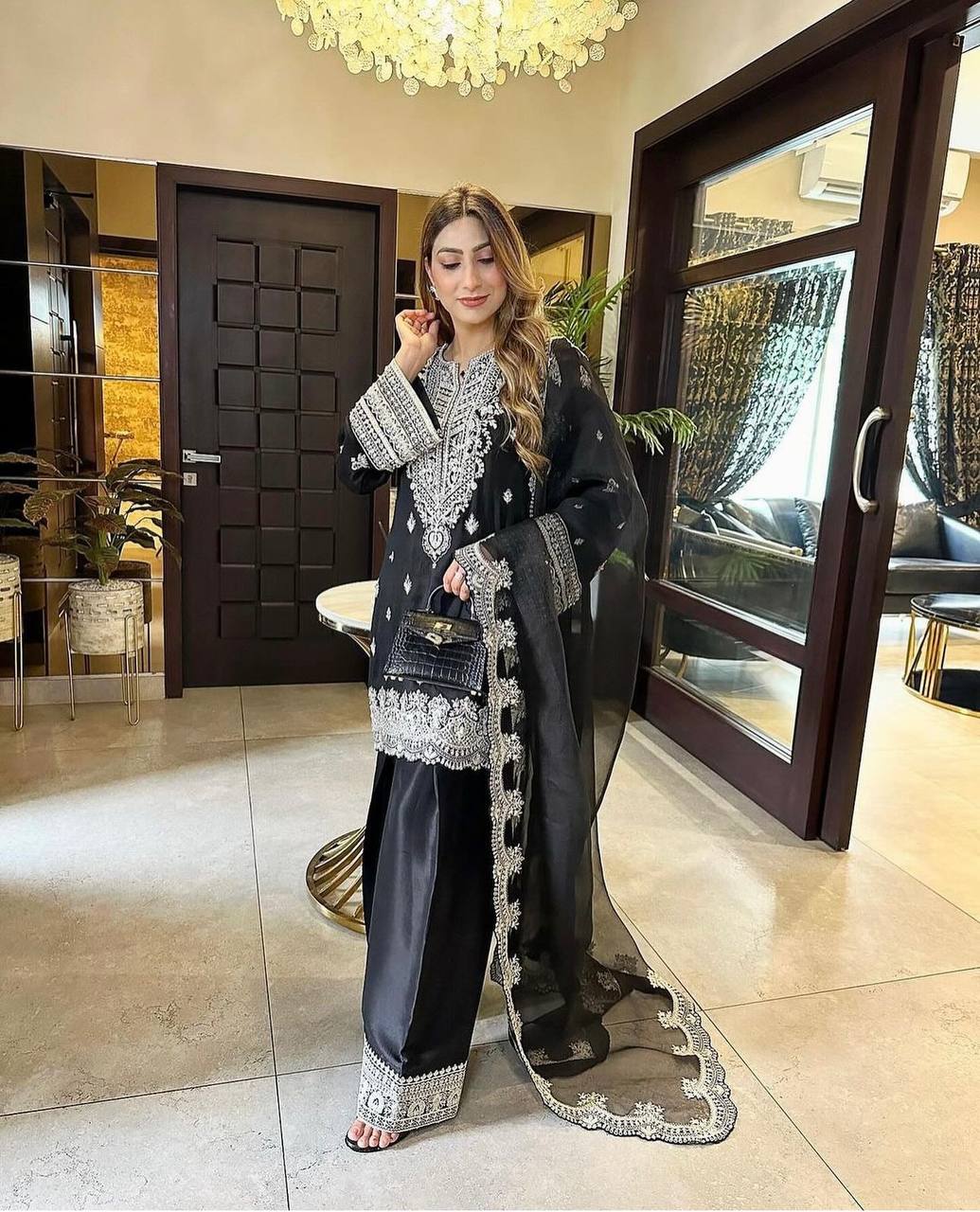 "Elegant Cinon Silk Embroidered Top, Plazzo & Dupatta Set"