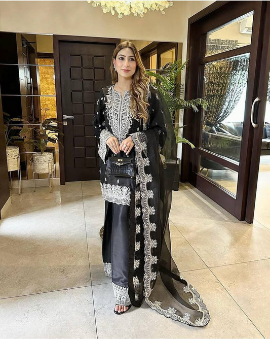 "Elegant Cinon Silk Embroidered Top, Plazzo & Dupatta Set"