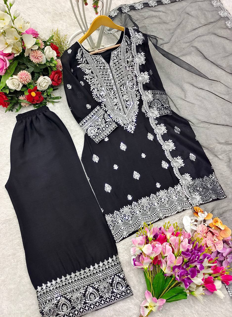 "Elegant Cinon Silk Embroidered Top, Plazzo & Dupatta Set"
