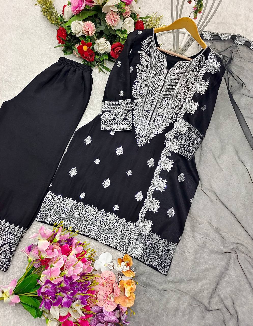 "Elegant Cinon Silk Embroidered Top, Plazzo & Dupatta Set"