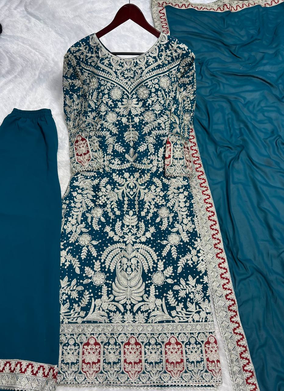 Presenting New Collection In Heavy Georgette Top-Plazzo And Dupatta Set Fully Stitched Ready To Wear