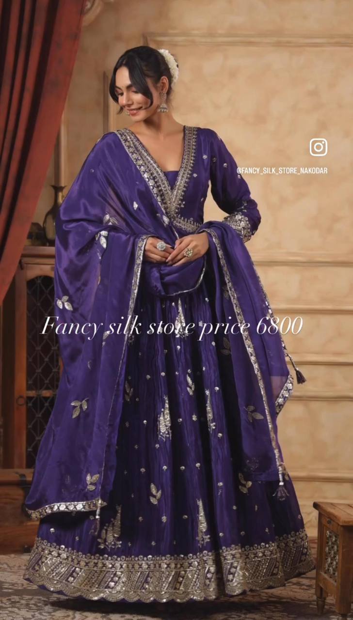 "Elegant Gwon Set: Pure Cinon Silk with Heavy Embroidery, Fully Stitched & Ready to Wear"