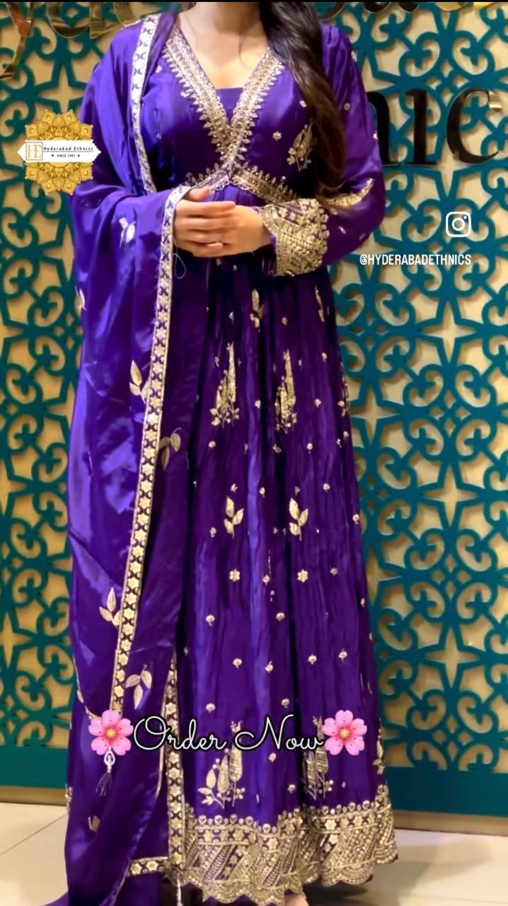 "Elegant Gwon Set: Pure Cinon Silk with Heavy Embroidery, Fully Stitched & Ready to Wear"