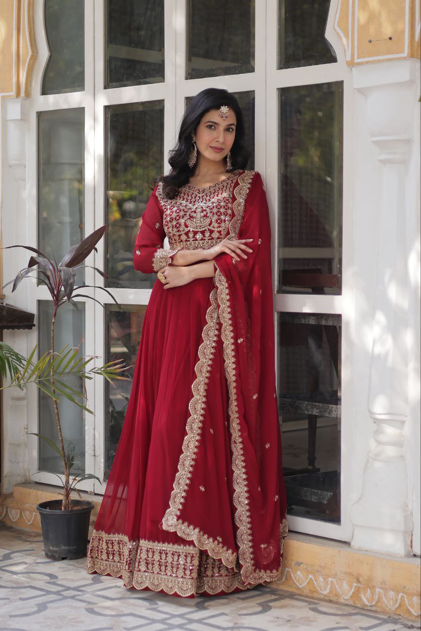 Elegant Faux Blooming Gown Set with Sequins and Lace Dupatta