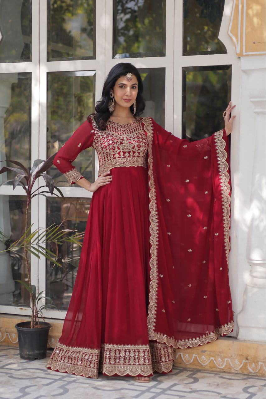 Elegant Faux Blooming Gown Set with Sequins and Lace Dupatta