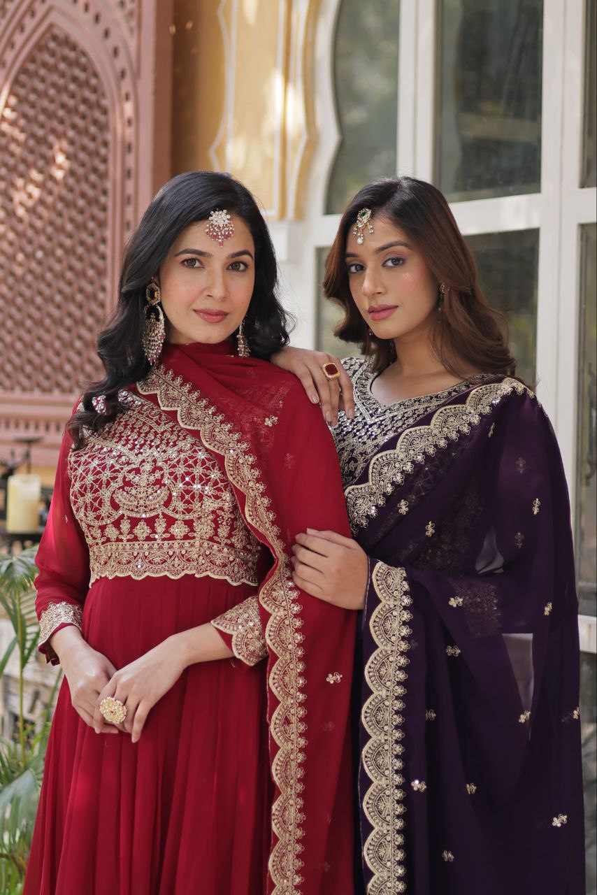 Elegant Faux Blooming Gown Set with Sequins and Lace Dupatta