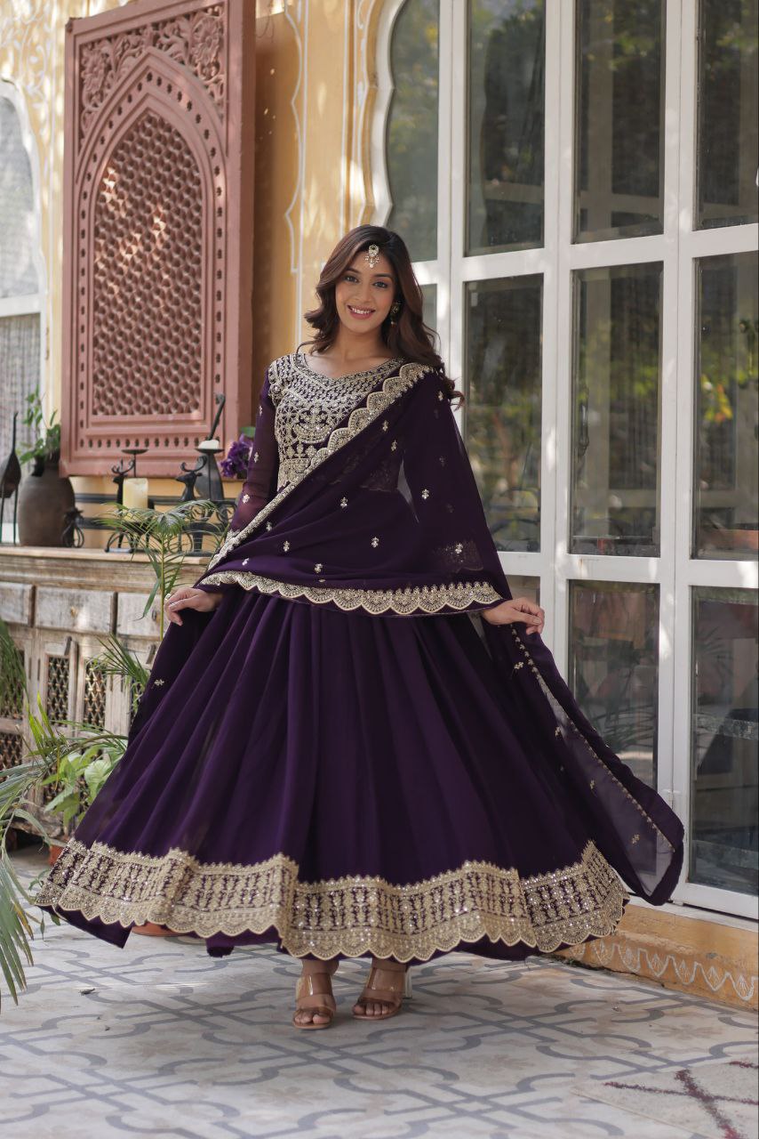 Elegant Faux Blooming Gown Set with Sequins and Lace Dupatta