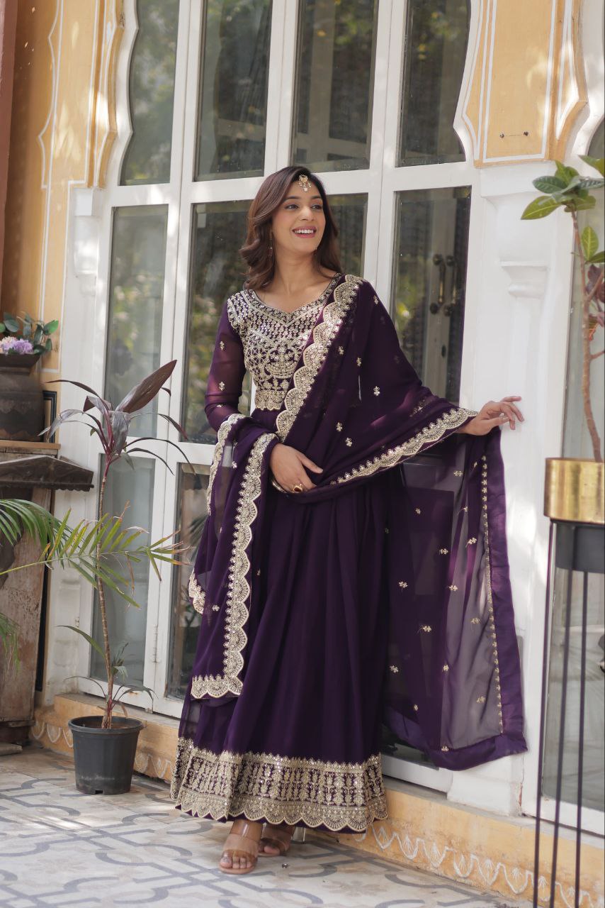 Elegant Faux Blooming Gown Set with Sequins and Lace Dupatta