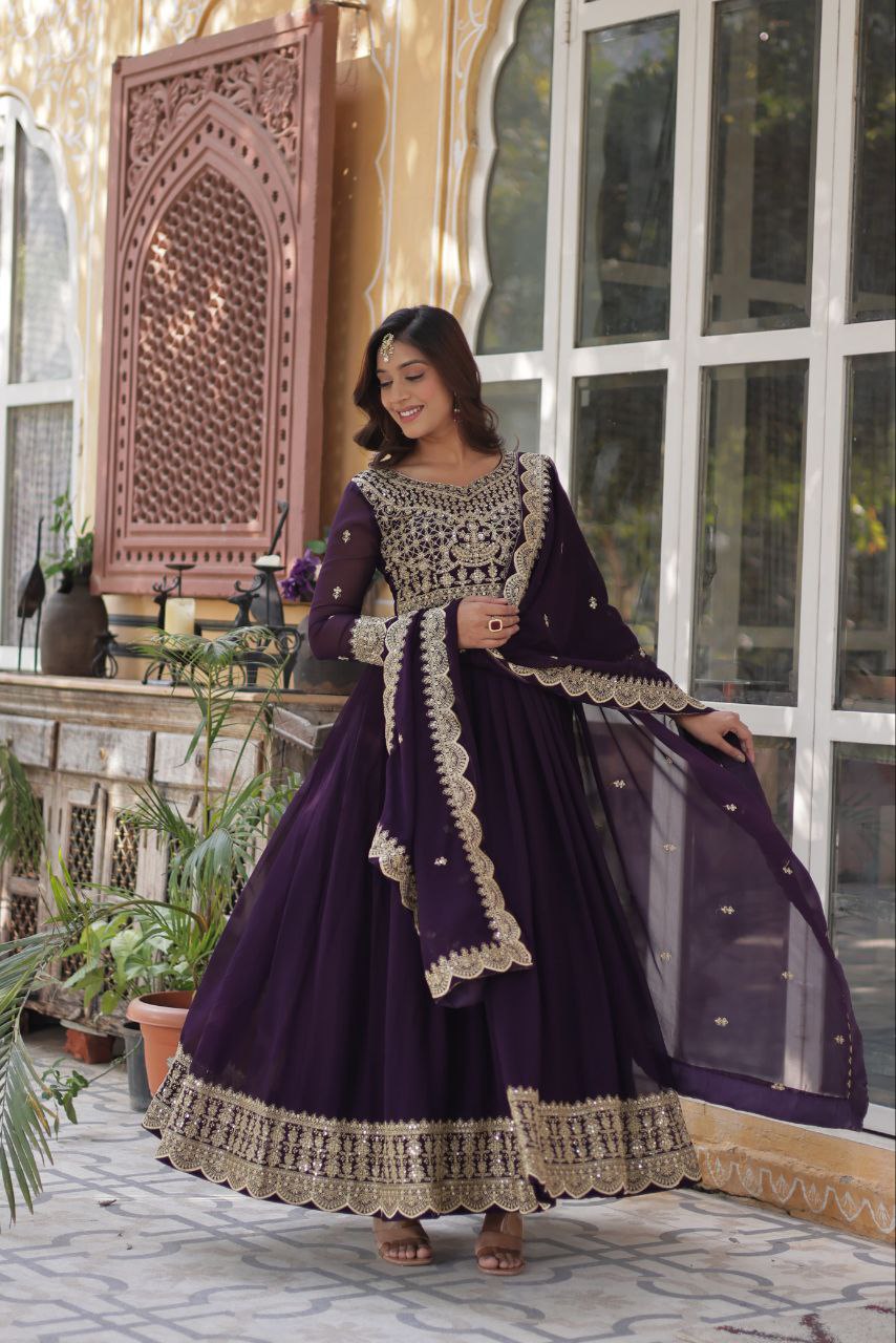 Elegant Faux Blooming Gown Set with Sequins and Lace Dupatta