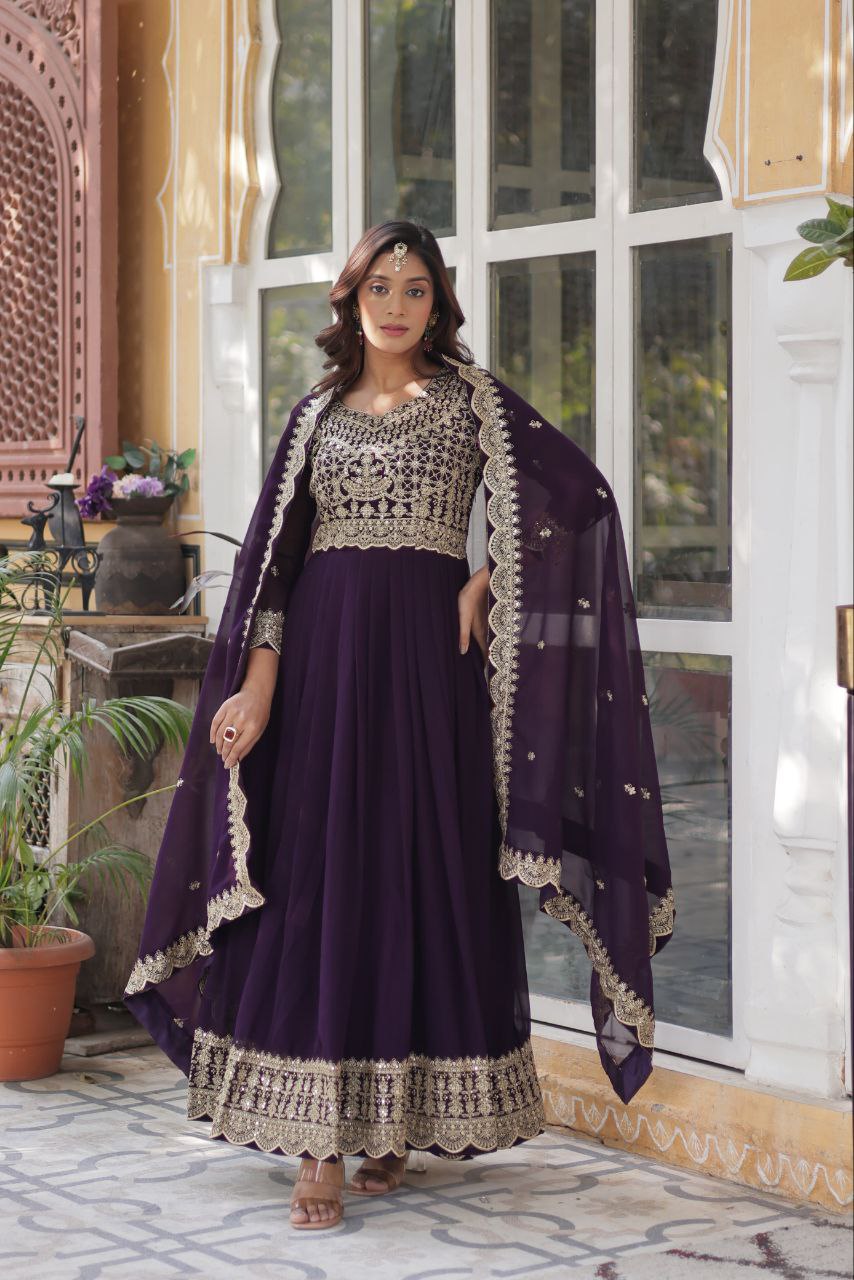 Elegant Faux Blooming Gown Set with Sequins and Lace Dupatta