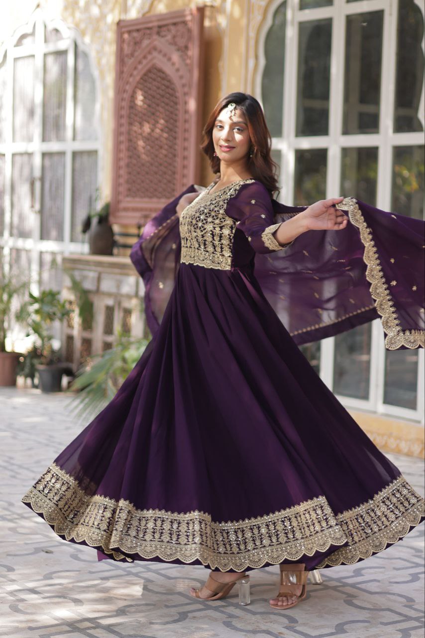 Elegant Faux Blooming Gown Set with Sequins and Lace Dupatta