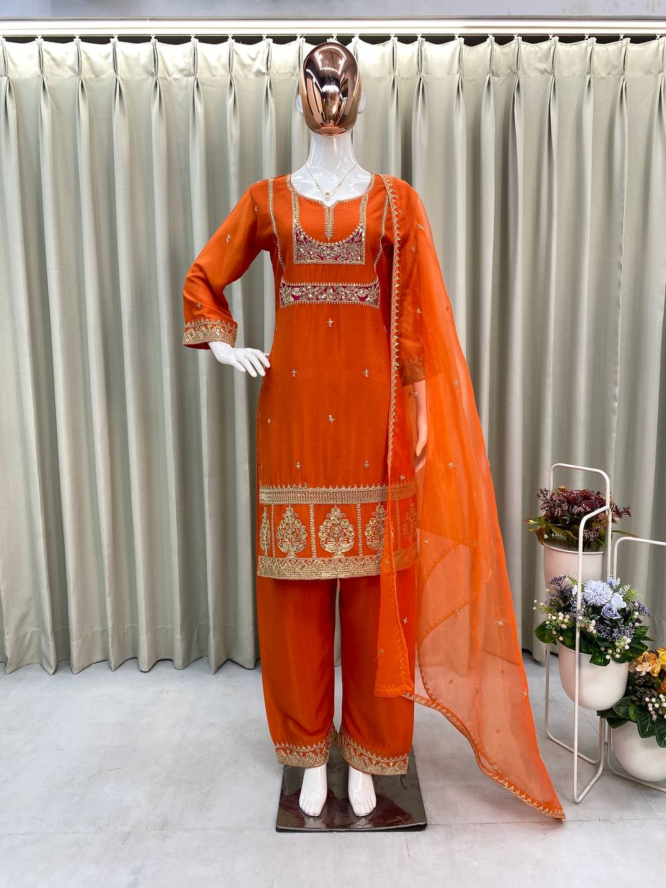 Elegant Embroidered Air Tex Chinon Set with Organza Dupatta