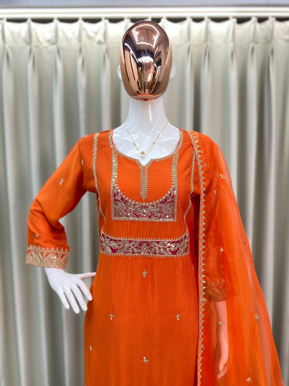 Elegant Embroidered Air Tex Chinon Set with Organza Dupatta